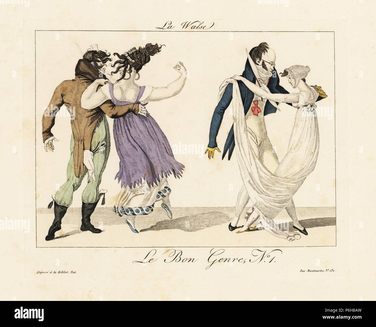 Merveilleuses und incroyables tanzen Walzer, einem Neu Beliebte Tanz aus Deutschland importiert. Papierkörbe Gravur von Pierre de la Mesangere's Le Bon Genre, Paris, 1817. Stockfoto