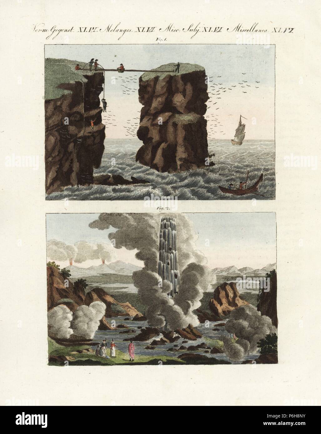 Vogel und ei Jäger nach unten abseilen Klippen in der Orkney Inseln 1, und Geysire herausspritzen und den Vulkan Hekla ausbrechenden in Island. Papierkörbe Kupferstich von Johann Friedrich Bertuch's Bilderbuch pelz Kinder (Bilderbuch für Kinder), Weimar, 1802. Stockfoto