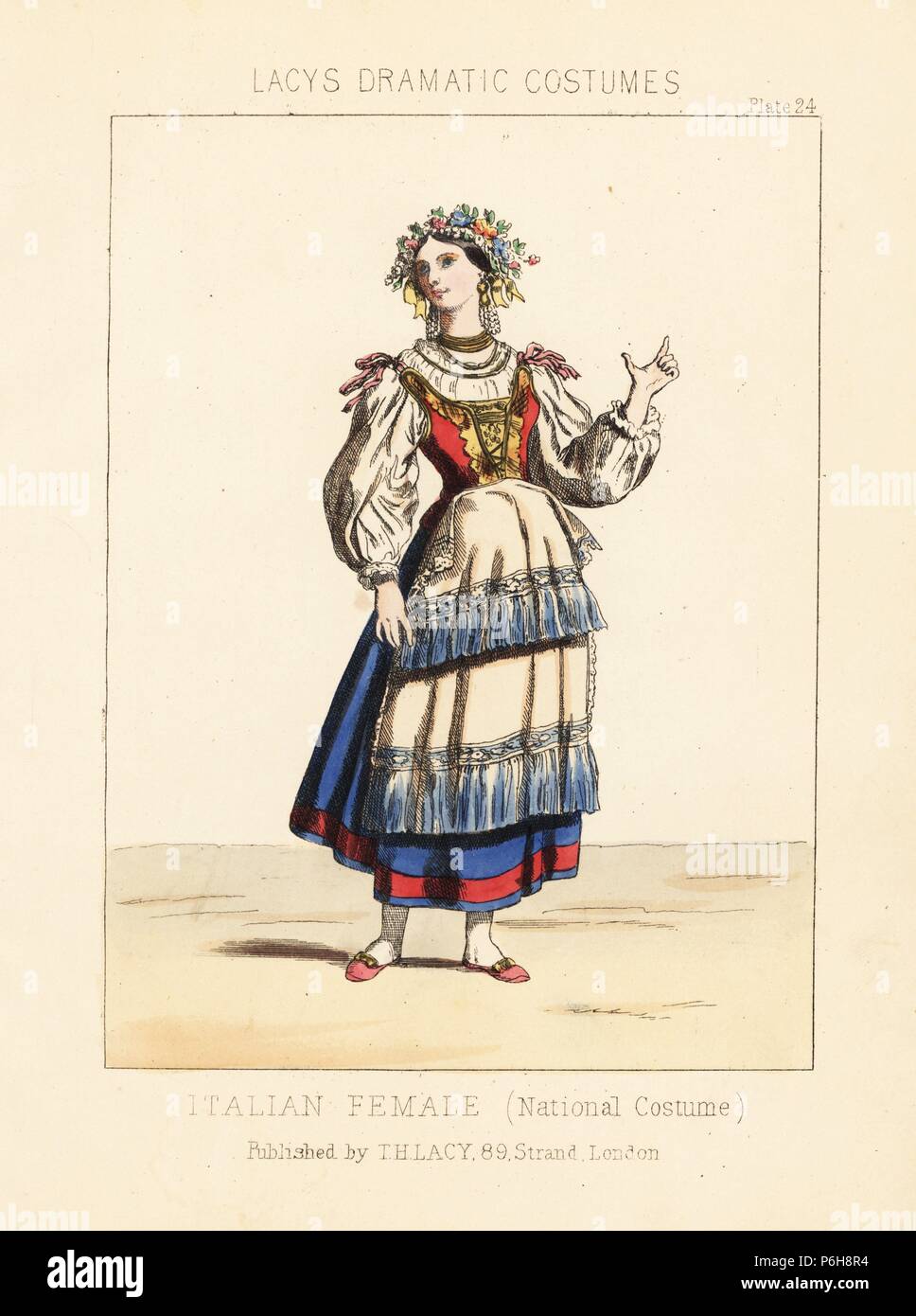 Italienische Frau, Tracht, 19. Papierkörbe Lithographie von Thomas Hailes Lacy's 'weibliche Kostüme historischen, nationalen und Dramatische in 200 Platten", London, 1865. Lacy (1809-1873) war ein britischer Schauspieler, Dramatiker, theatralischen Manager und Verleger. Stockfoto