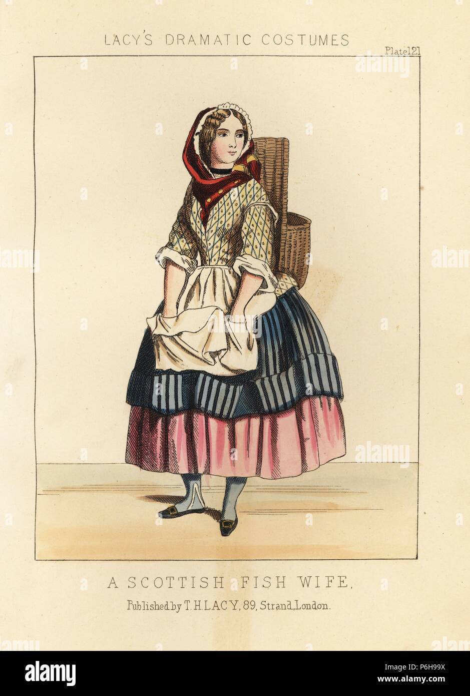 Kostüm eines schottischen fishwife, 19. Papierkörbe Lithographie von Thomas Hailes Lacy's 'weibliche Kostüme historischen, nationalen und Dramatische in 200 Platten", London, 1865. Lacy (1809-1873) war ein britischer Schauspieler, Dramatiker, theatralischen Manager und Verleger. Stockfoto