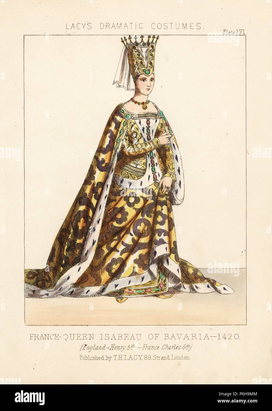 Königin Isabeau von Bayern, 1420. Sie trägt eine doppelte Mitre Krone mit Schleier, Hermelin gesäumten Umhang über einen Brocade dress, alle Bejeweled. Nach einer Zeichnung von ihrer Ehe mit König Karl VI. von Pierre de La Mesangere. Papierkörbe Lithographie von Thomas Hailes Lacy's 'weibliche Kostüme historischen, nationalen und Dramatische in 200 Platten", London, 1865. Lacy (1809-1873) war ein britischer Schauspieler, Dramatiker, theatralischen Manager und Verleger. Stockfoto
