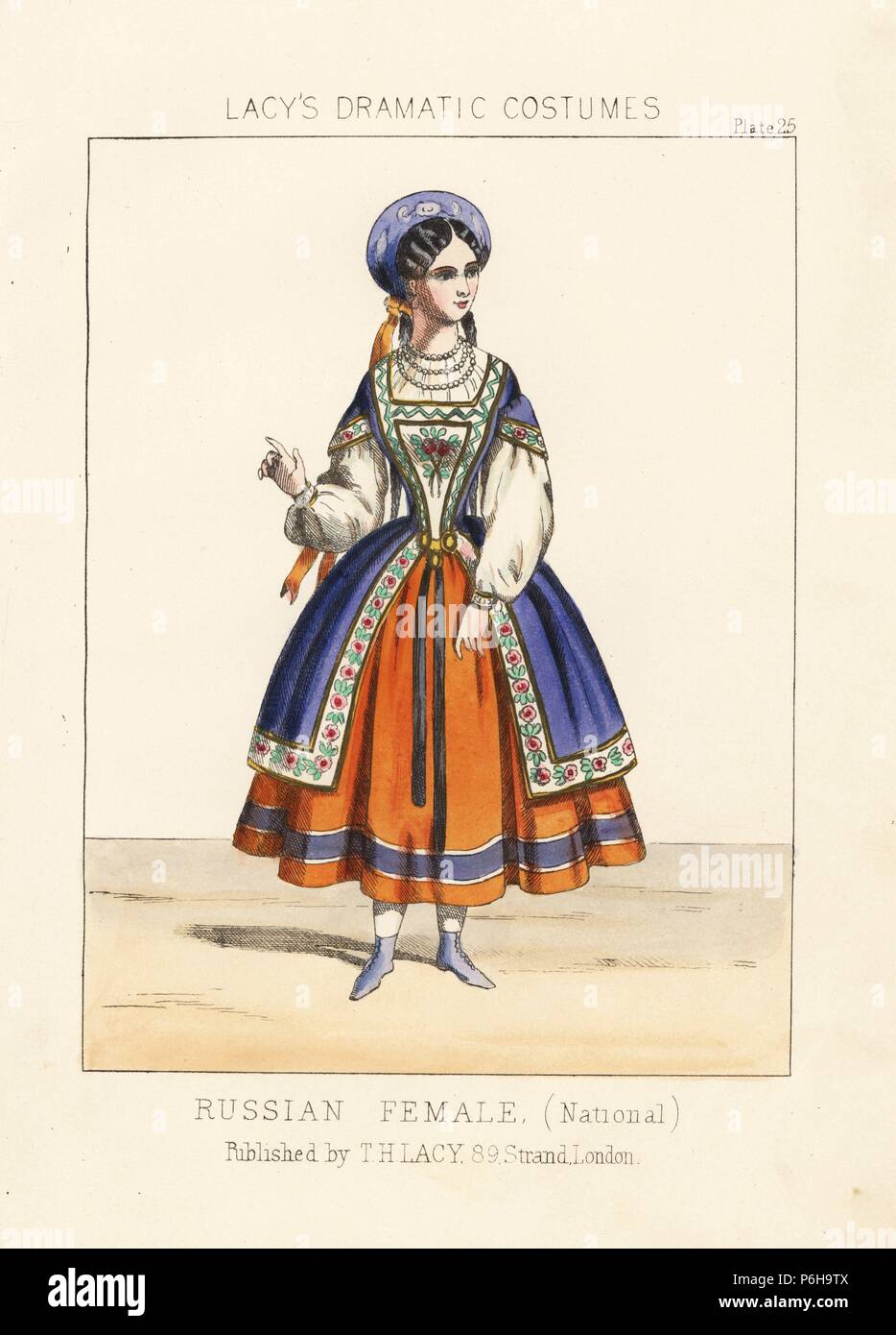 Russische Frau, Tracht, 19. Papierkörbe Lithographie von Thomas Hailes Lacy's 'weibliche Kostüme historischen, nationalen und Dramatische in 200 Platten", London, 1865. Lacy (1809-1873) war ein britischer Schauspieler, Dramatiker, theatralischen Manager und Verleger. Stockfoto