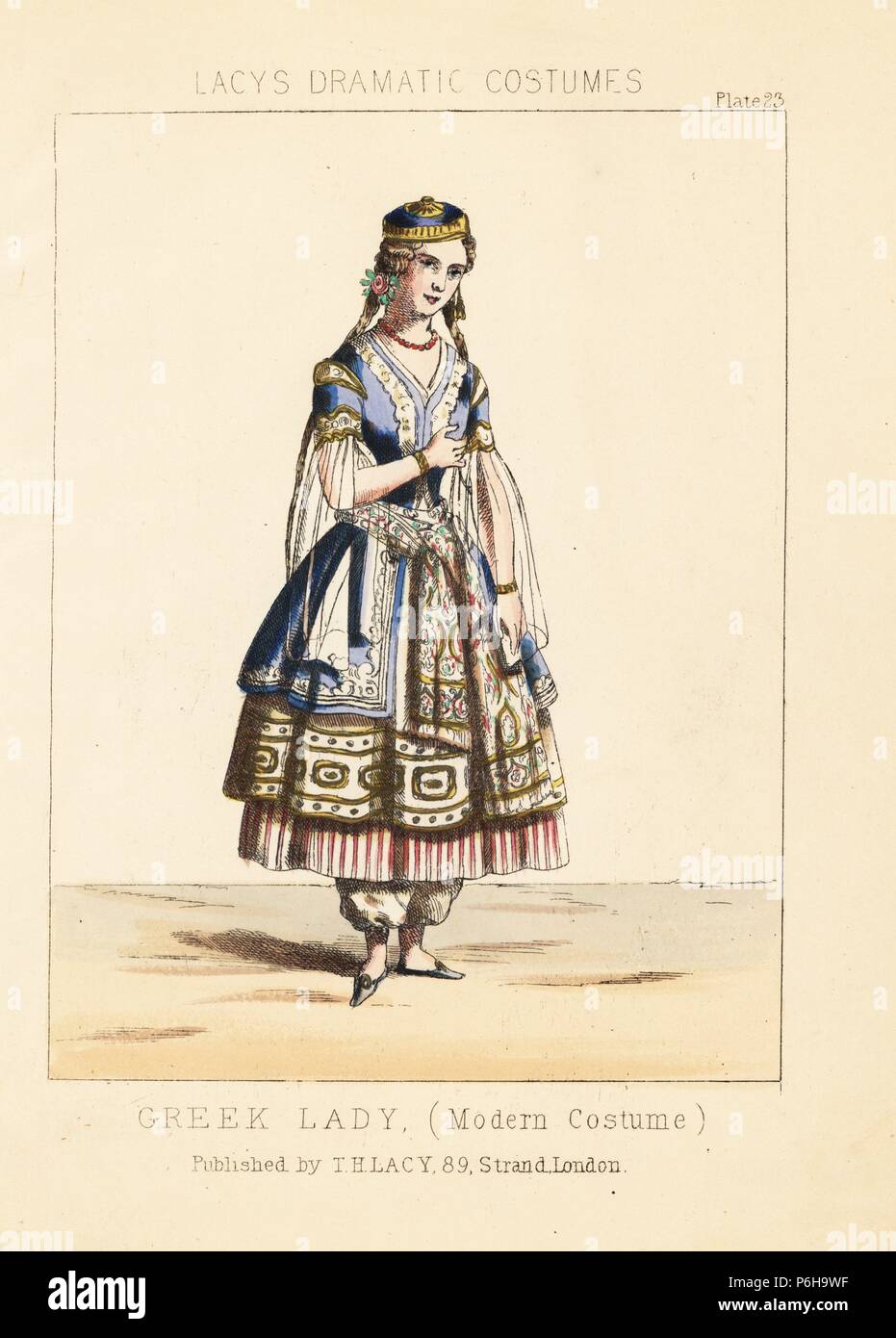 Griechische Dame, Tracht, 19. Papierkörbe Lithographie von Thomas Hailes Lacy's 'weibliche Kostüme historischen, nationalen und Dramatische in 200 Platten", London, 1865. Lacy (1809-1873) war ein britischer Schauspieler, Dramatiker, theatralischen Manager und Verleger. Stockfoto