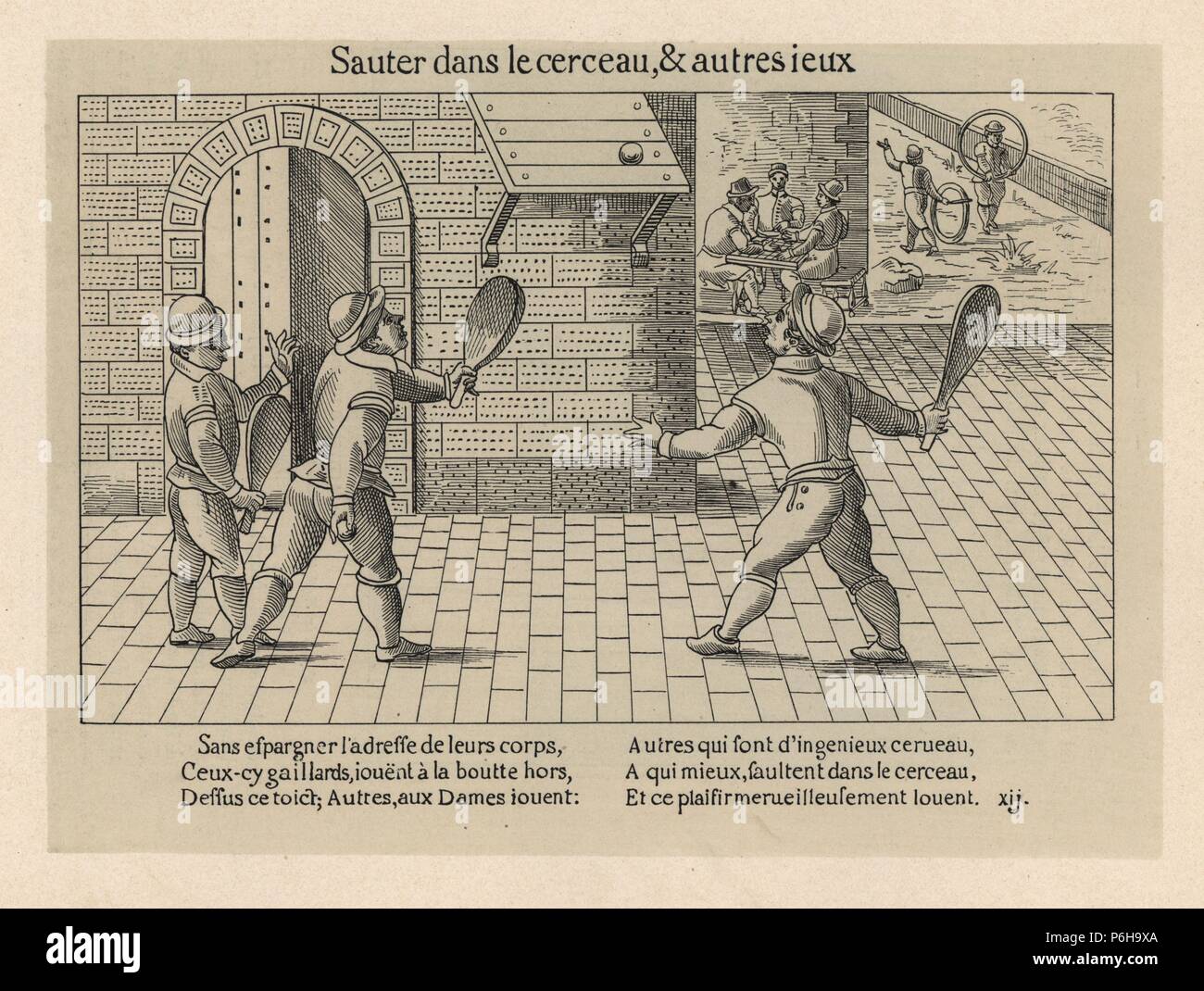 Mittelalterliche Männer bat einen Ball gegen ein Brett montiert auf eine Wand (wall Tennis oder Pelota?), einige spielen Entwürfe oder Steine, andere Überrollbügel und durch Reifen springen. Lithographie von Henry Rene's Allemagne Sport- und Geschicklichkeitsspiele (Sport et Jeux d'Adresse), Librairie Hachette, Paris, 1903. Stockfoto