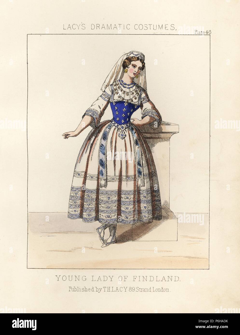 Kostüm einer jungen Dame von Finnland, 19. Papierkörbe Lithographie von Thomas Hailes Lacy's 'weibliche Kostüme historischen, nationalen und Dramatische in 200 Platten", London, 1865. Lacy (1809-1873) war ein britischer Schauspieler, Dramatiker, theatralischen Manager und Verleger. Stockfoto