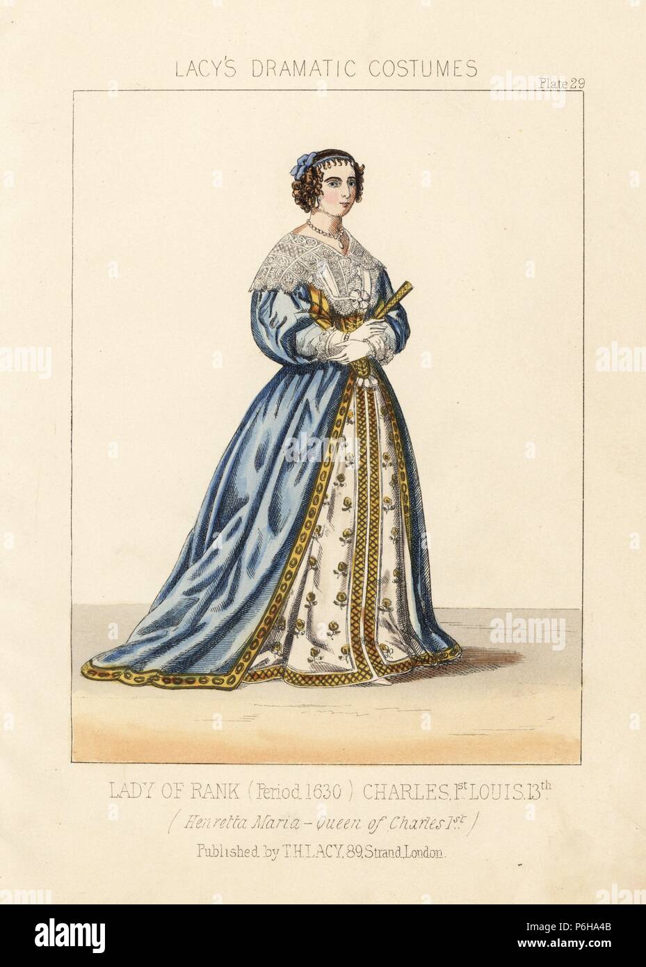 Henrietta Maria, Königin von Charles I, 1630. Papierkörbe Lithographie von Thomas Hailes Lacy's 'weibliche Kostüme historischen, nationalen und Dramatische in 200 Platten", London, 1865. Lacy (1809-1873) war ein britischer Schauspieler, Dramatiker, theatralischen Manager und Verleger. Stockfoto
