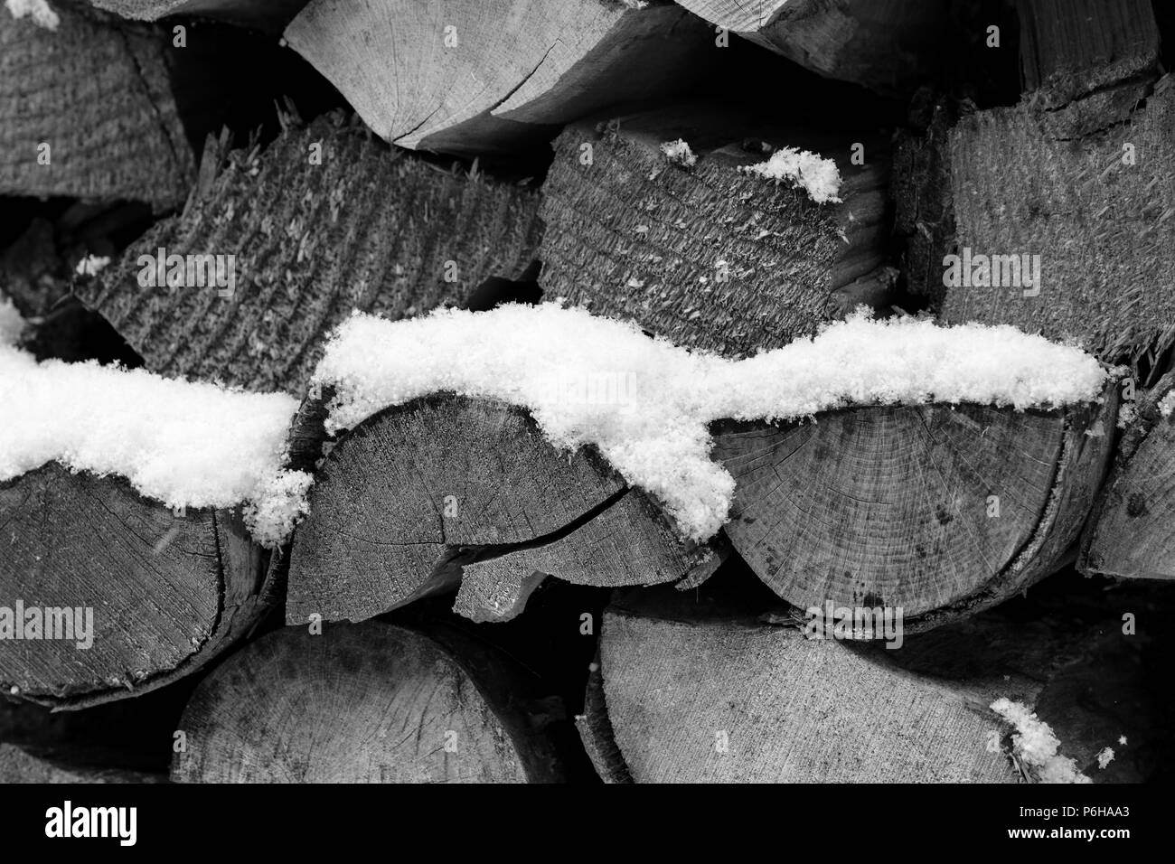 Brennholz im Winter mit Schnee Stockfoto