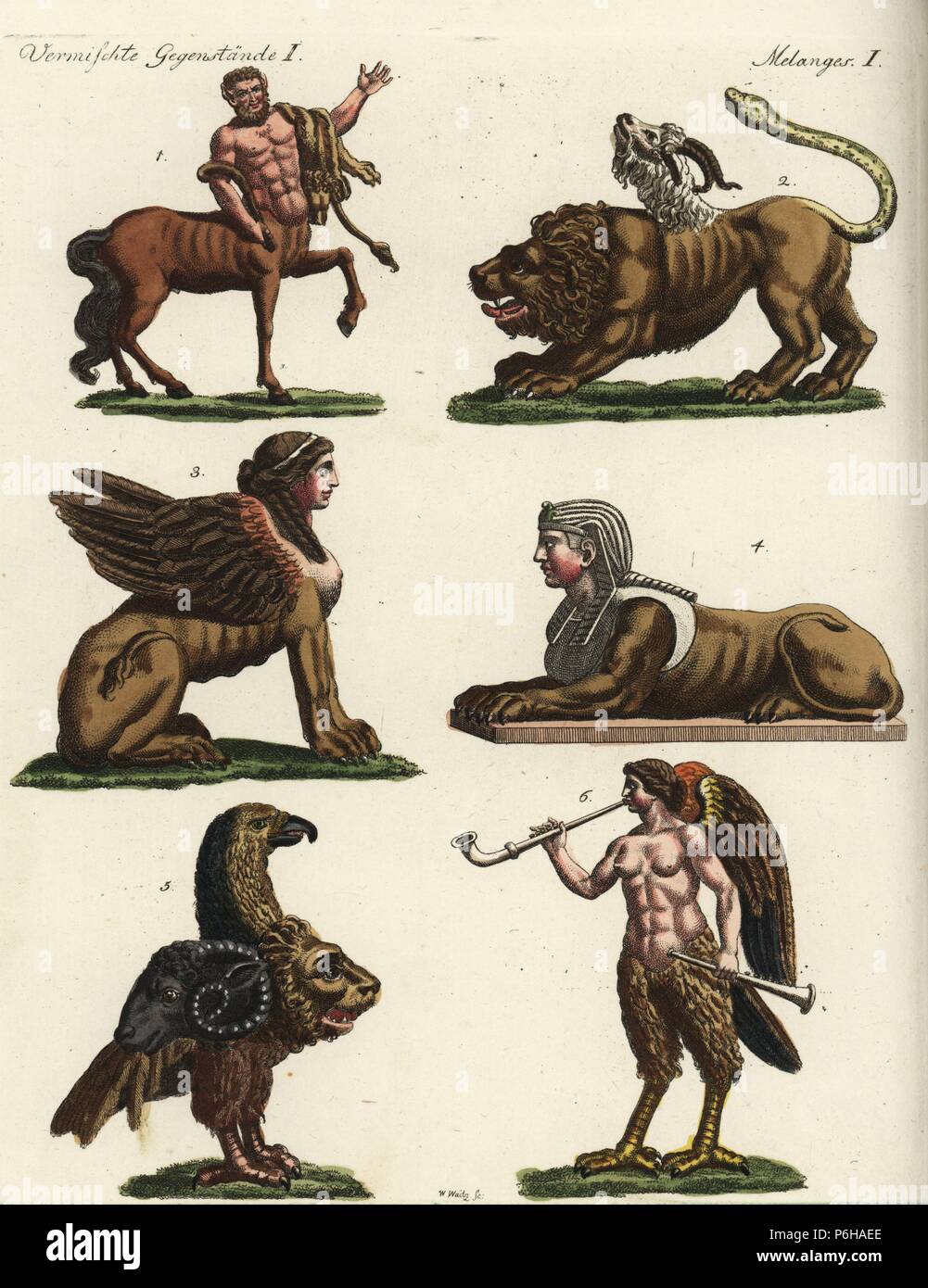 Mythische Kreaturen: Centaur 1 chimera 2, Griechische sphinx3, Ägyptische Sphinx4, GRYLLUS 5 und Sirene 6. Papierkörbe Kupferstich nach Johann Christian Wilhelm Waitz von Johann Friedrich Bertuch's Bilderbuch pelz Kinder (Bilderbuch für Kinder), Weimar, 1792. Stockfoto