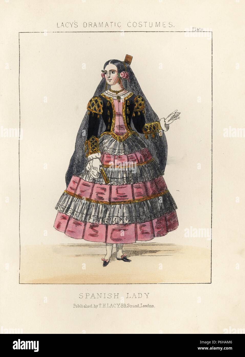 Kostüm eines spanischen Dame, 19. Papierkörbe Lithographie von Thomas Hailes Lacy's 'weibliche Kostüme historischen, nationalen und Dramatische in 200 Platten", London, 1865. Lacy (1809-1873) war ein britischer Schauspieler, Dramatiker, theatralischen Manager und Verleger. Stockfoto