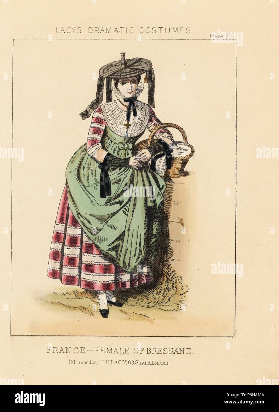Kostüm einer Frau von Dijon, Frankreich, 19. Papierkörbe Lithographie von Thomas Hailes Lacy's 'weibliche Kostüme historischen, nationalen und Dramatische in 200 Platten", London, 1865. Lacy (1809-1873) war ein britischer Schauspieler, Dramatiker, theatralischen Manager und Verleger. Stockfoto