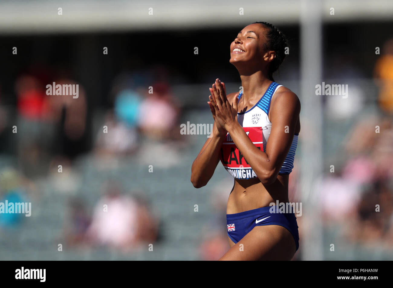 Große Katarina Morgan See reagiert während der Frauen Hochsprung während des Tages eine der Muller britischen Leichtathletik Meisterschaften an Alexander Stadium, Birmingham. Stockfoto