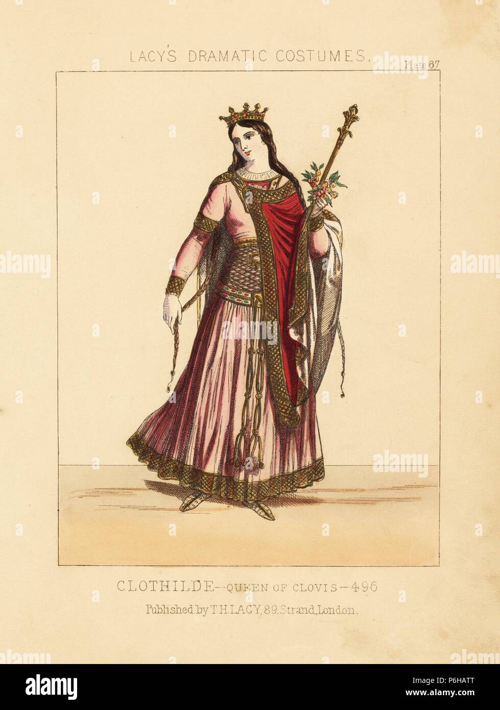 Clothilde, Königin von Clovis von Frankreich, 496. Papierkörbe Lithographie von Thomas Hailes Lacy's 'weibliche Kostüme historischen, nationalen und Dramatische in 200 Platten", London, 1865. Lacy (1809-1873) war ein britischer Schauspieler, Dramatiker, theatralischen Manager und Verleger. Stockfoto