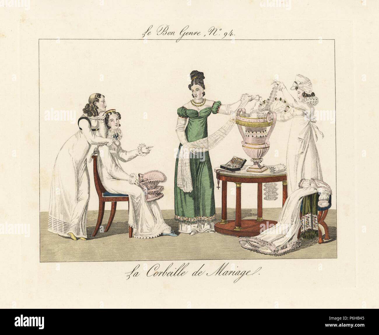 Braut der Prüfung der Inhalte ihrer Ehe den Korb. Ihre Brautjungfern zeigen ihre Spitze, Schmuck, diaments und Putz. Papierkörbe Gravur von Pierre de la Mesangere's Le Bon Genre, Paris, 1817. Stockfoto