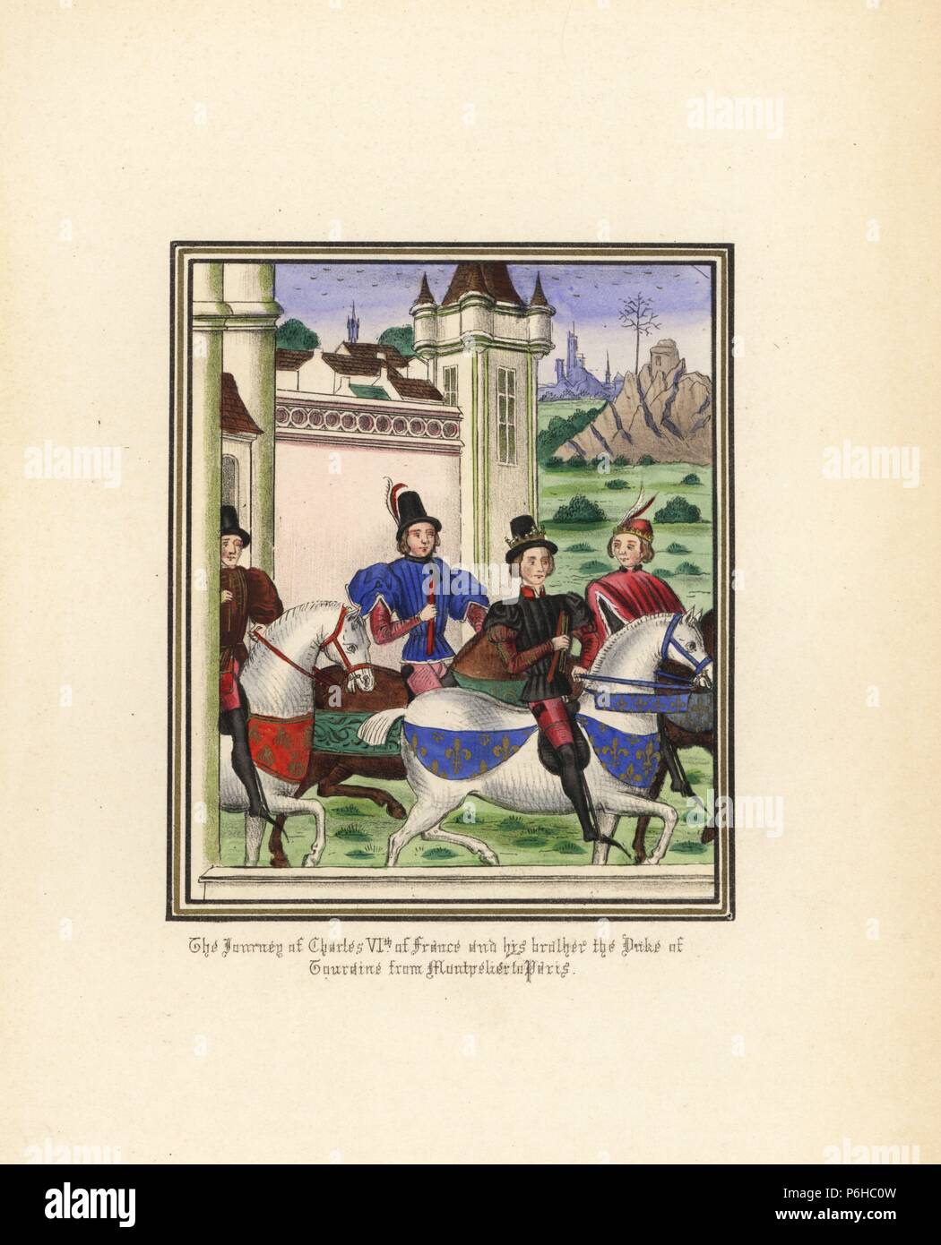 Die Reise von Karl VI. von Frankreich und sein Bruder Louis I. von Orléans, Herzog von Touraine, von Montpellier nach Paris für eine Wette. Papierkörbe Lithografie nach einem beleuchteten Manuskript von Sir John's Froissart 'Chroniken von England, Frankreich, Spanien und den angrenzenden Ländern, von der zweiten Hälfte der Regierungszeit von Edward II. an der Krönung von Heinrich IV., 'George Routledge, London, 1868. Stockfoto