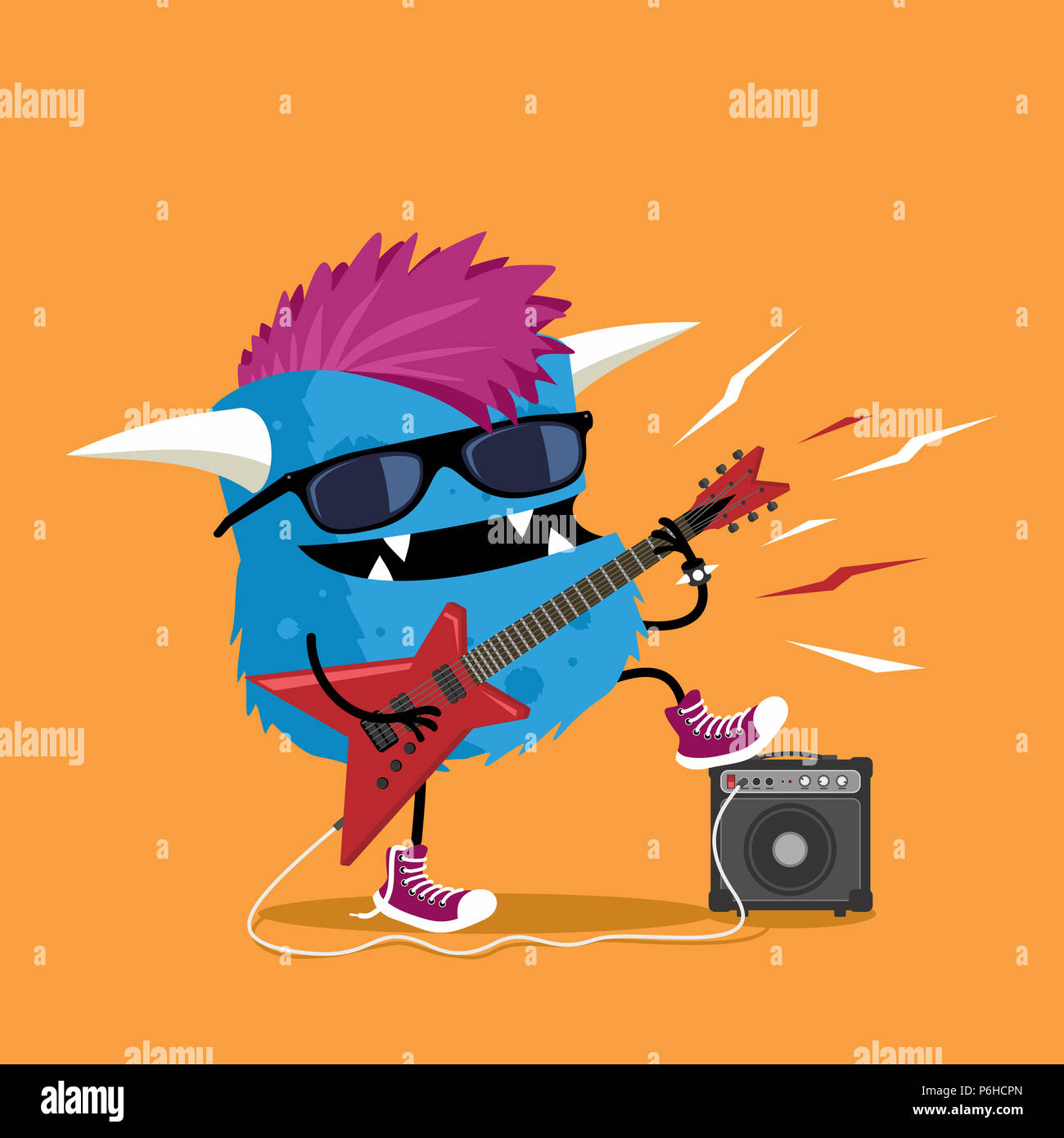 Monster Punk Rocker mit Mohawk Haarschnitt spielen red E-Gitarre Verstärker angeschlossen. Nett und lustig Cartoon Illustration Stockfoto