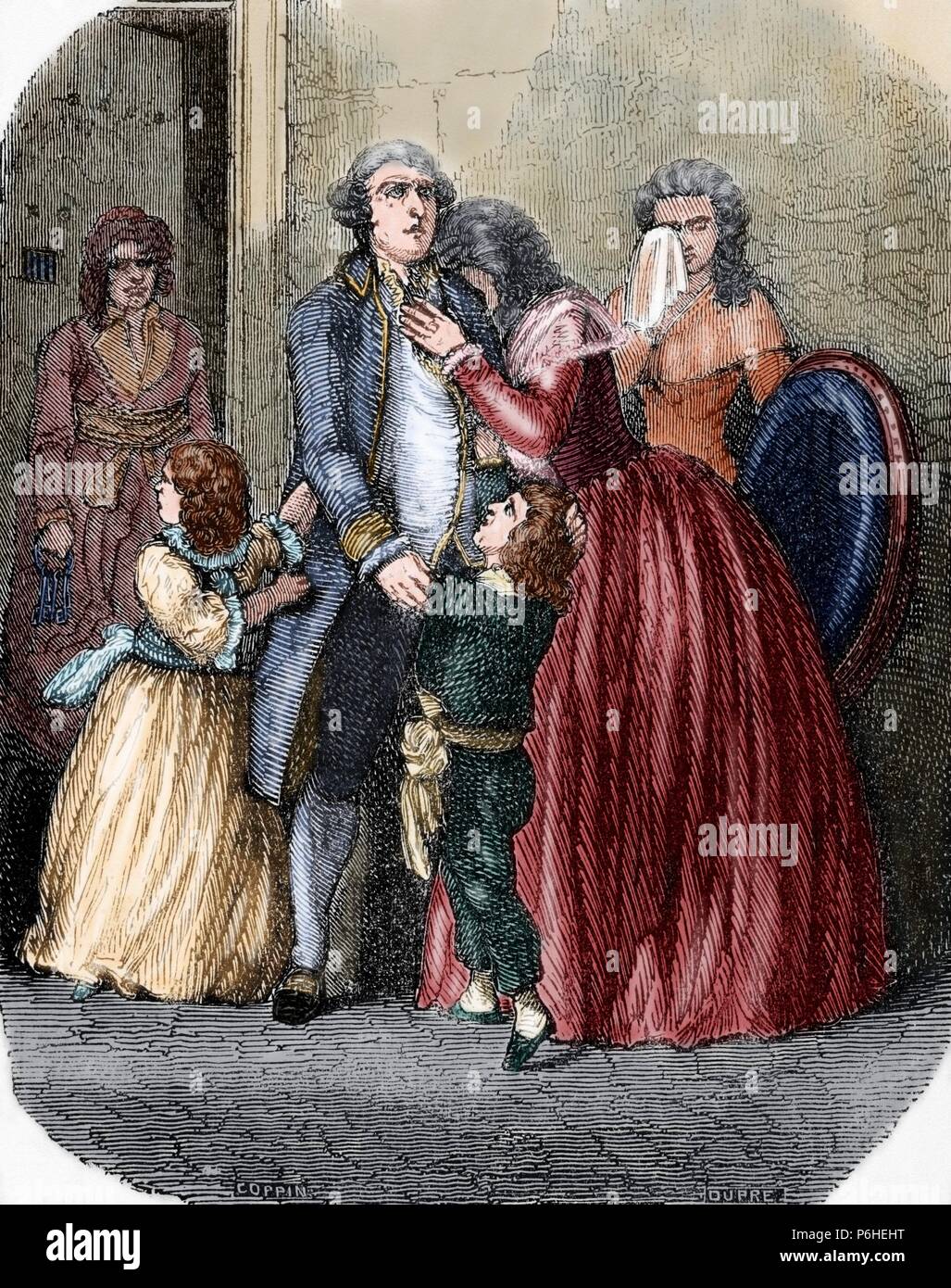 Ludwig XVI. (1754-1793). König von Frankreich. Die Monarch nimmt Abschied von seiner Familie. Gravur. Farbige. Stockfoto