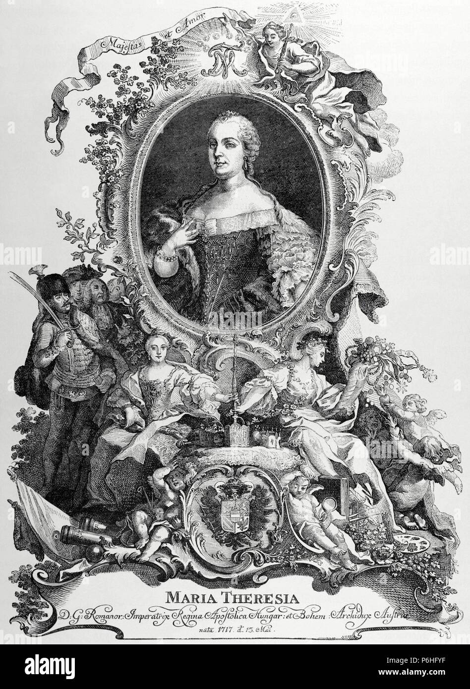 Maria Theresia (1717-1780), Erzherzogin von Deutschland, Königin von Ungarn und Böhmen. Porträt. Kupferstich von de Petit, 1743. Kupferstich von Germania, 1882. Stockfoto