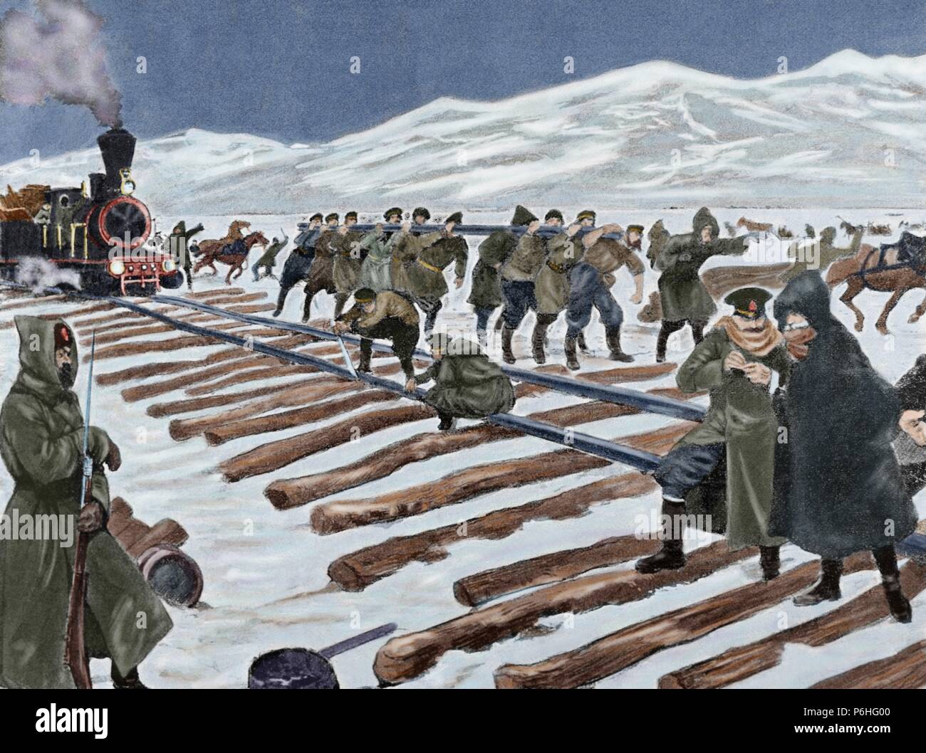Russo-japanischer Krieg (1904-1905). Bau einer Eisenbahn über das Eis am Baikalsee. Gravur. Farbige. Stockfoto