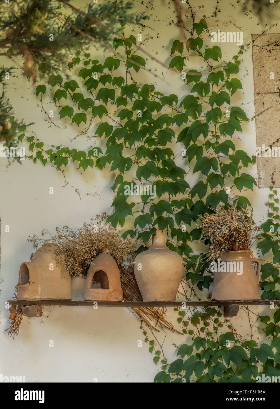 Terracotta Töpfen im Garten Alkoven der klösterlichen Zelle in Valledmossa, Mallorca, wo der Komponist Frederic Chopin 1838 übernachtet. Stockfoto