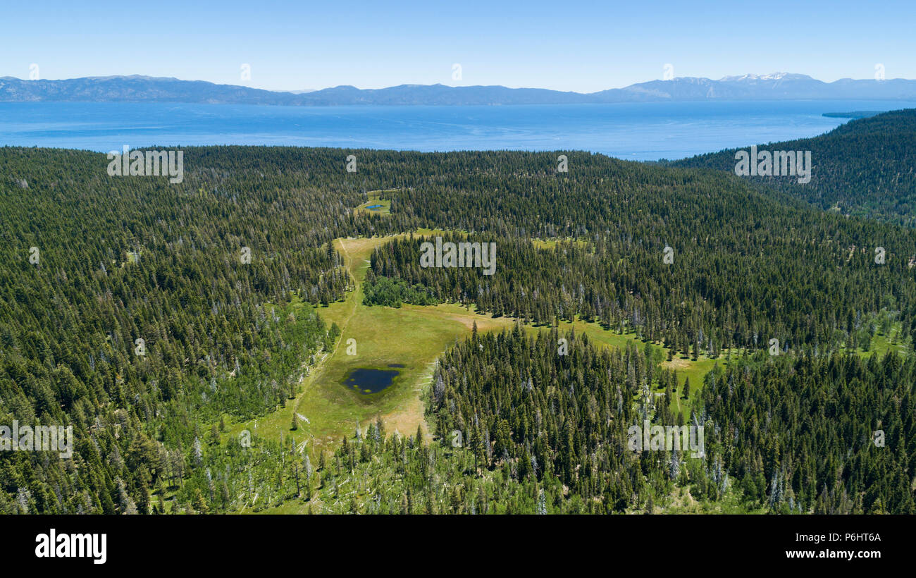 Paige suchen, eine beliebte Wanderung und Mountain Bike Trail im Norden entlang des Lake Tahoe Tahoe Rim Trail als aus der Luft gesehen. Stockfoto