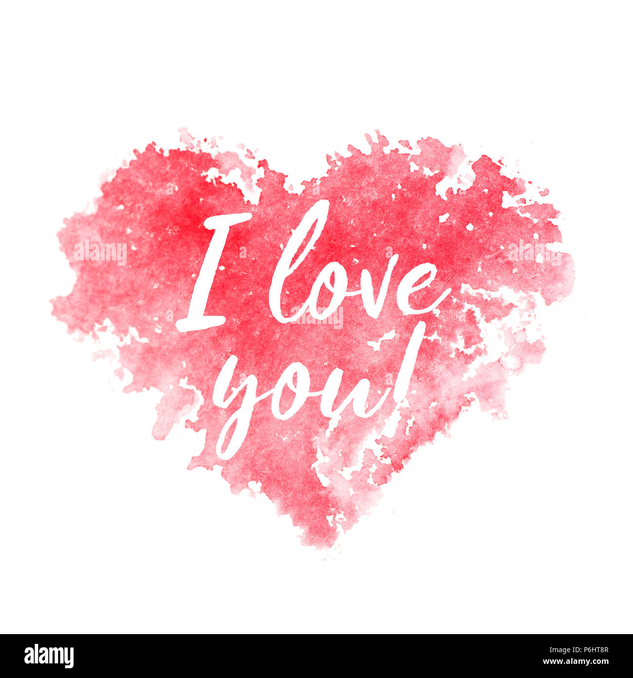 Red Aquarell Herz und Text ich Sie auf einem weißen Hintergrund. Für den Druck auf einer Postkarte, T-Shirt, Tasse, usw. Stockfoto