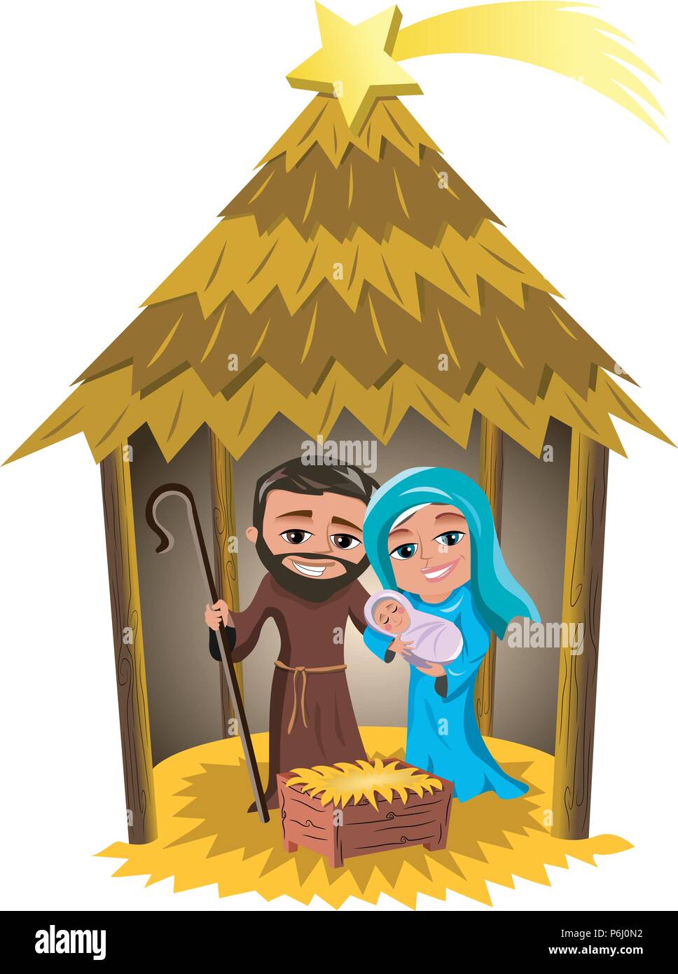 Weihnachten Krippe mit Maria und Josef, den kleinen neugeborenen Jesus schlafen in einer Hütte isoliert Stock Vektor