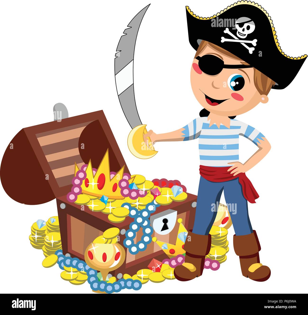 Cartoon pirate Kid mit Augenklappe und Schwert vor schatztruhe isoliert Stock Vektor