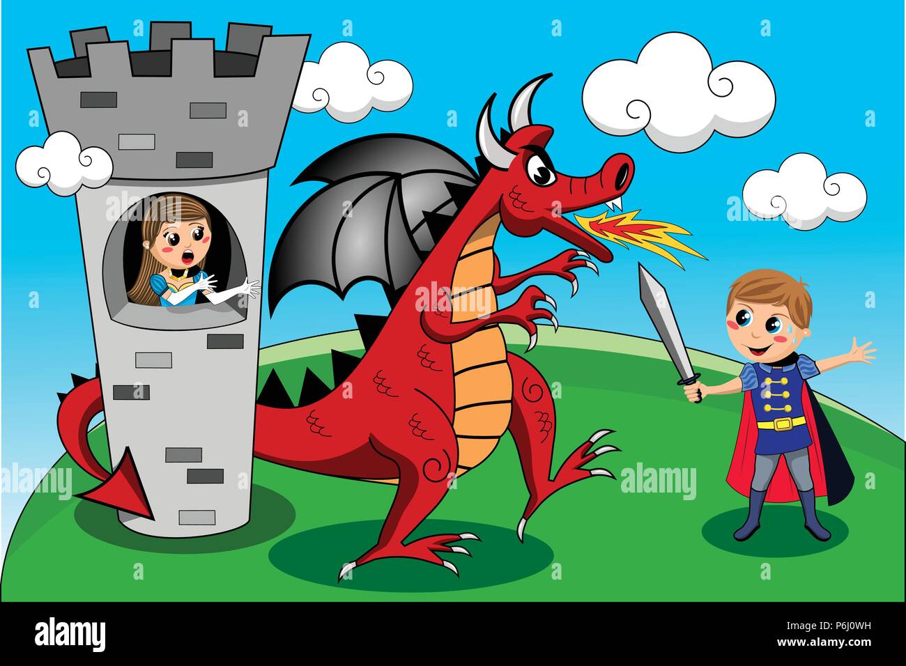 Mittelalterliche Ritter Schwert gegen den roten Drachen kämpfen für die Freigabe von niedlichen besorgt Prinzessin im Turm Stock Vektor