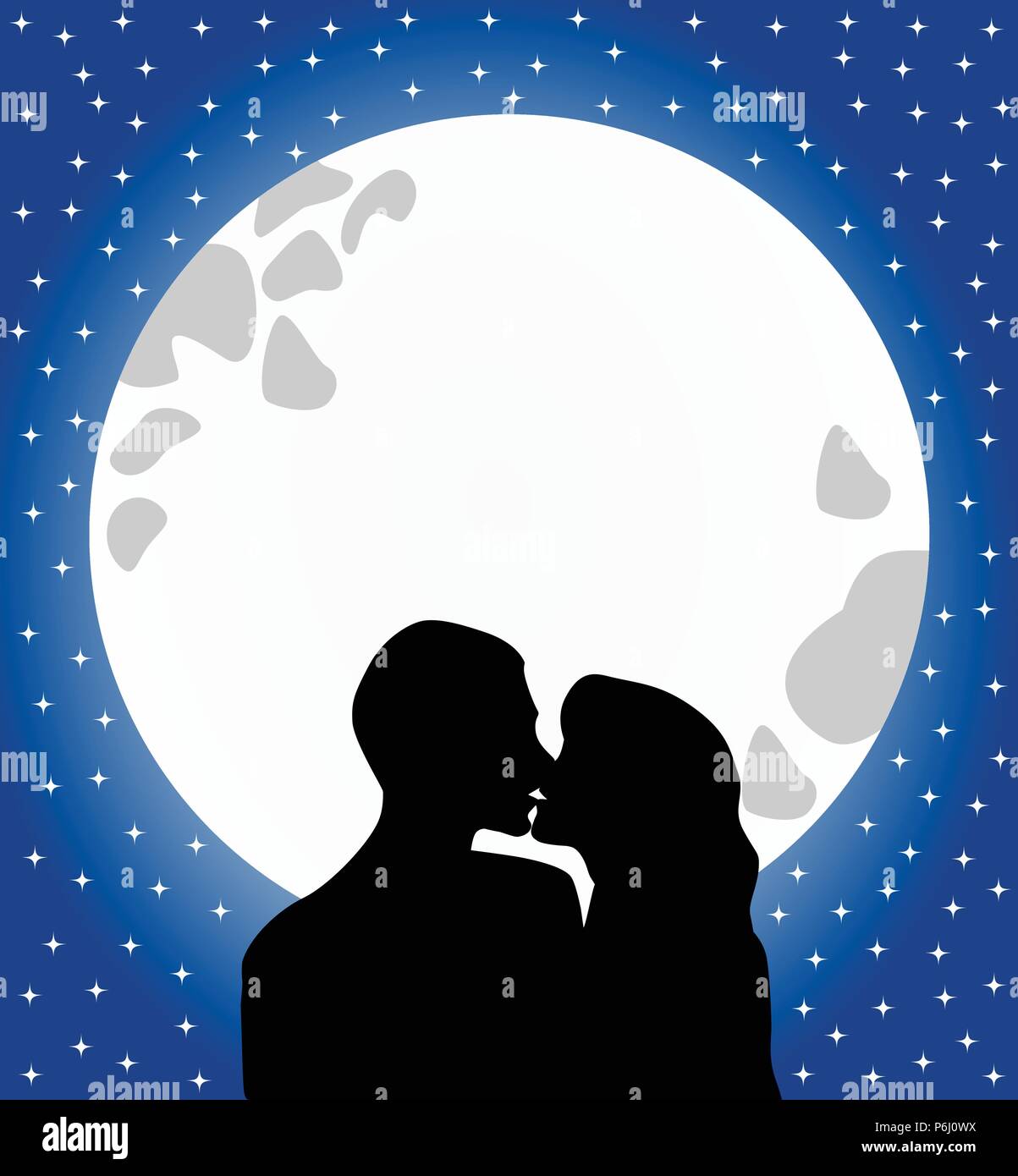 Silhouette der beiden Liebenden vor Vollmond Küssen in einer sternenklaren romantische Himmel Stock Vektor