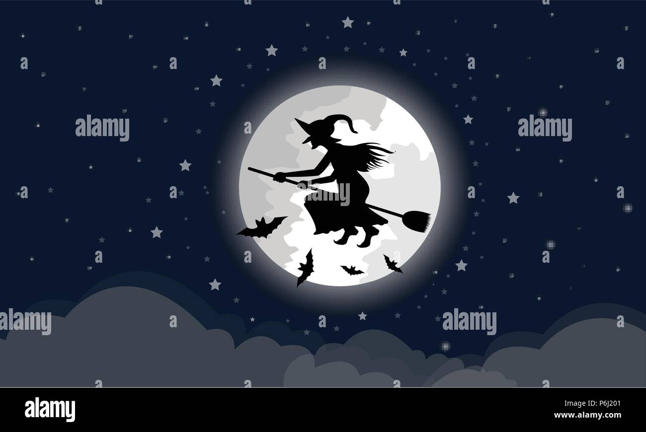 Hexen der Besen durch die großen Mond, die Wolken sind in der Nacht mit einem Stern voller blau Halloween Feiertage Stock Vektor