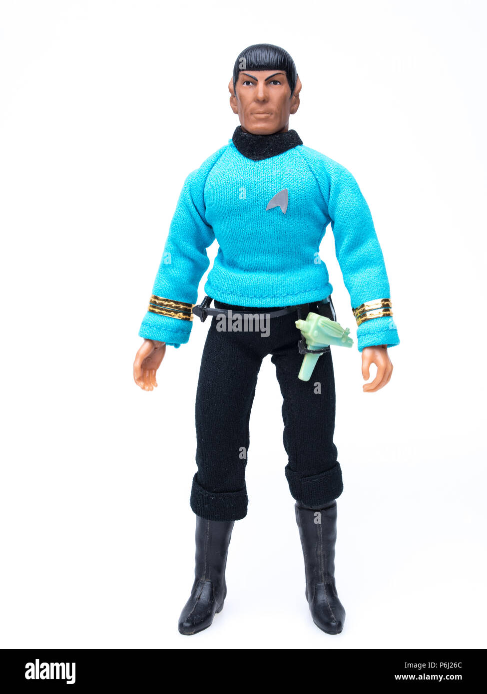1974 MEGO Star Trek Mr. Spock Action Figur mit Phaser und Communicator. Stockfoto