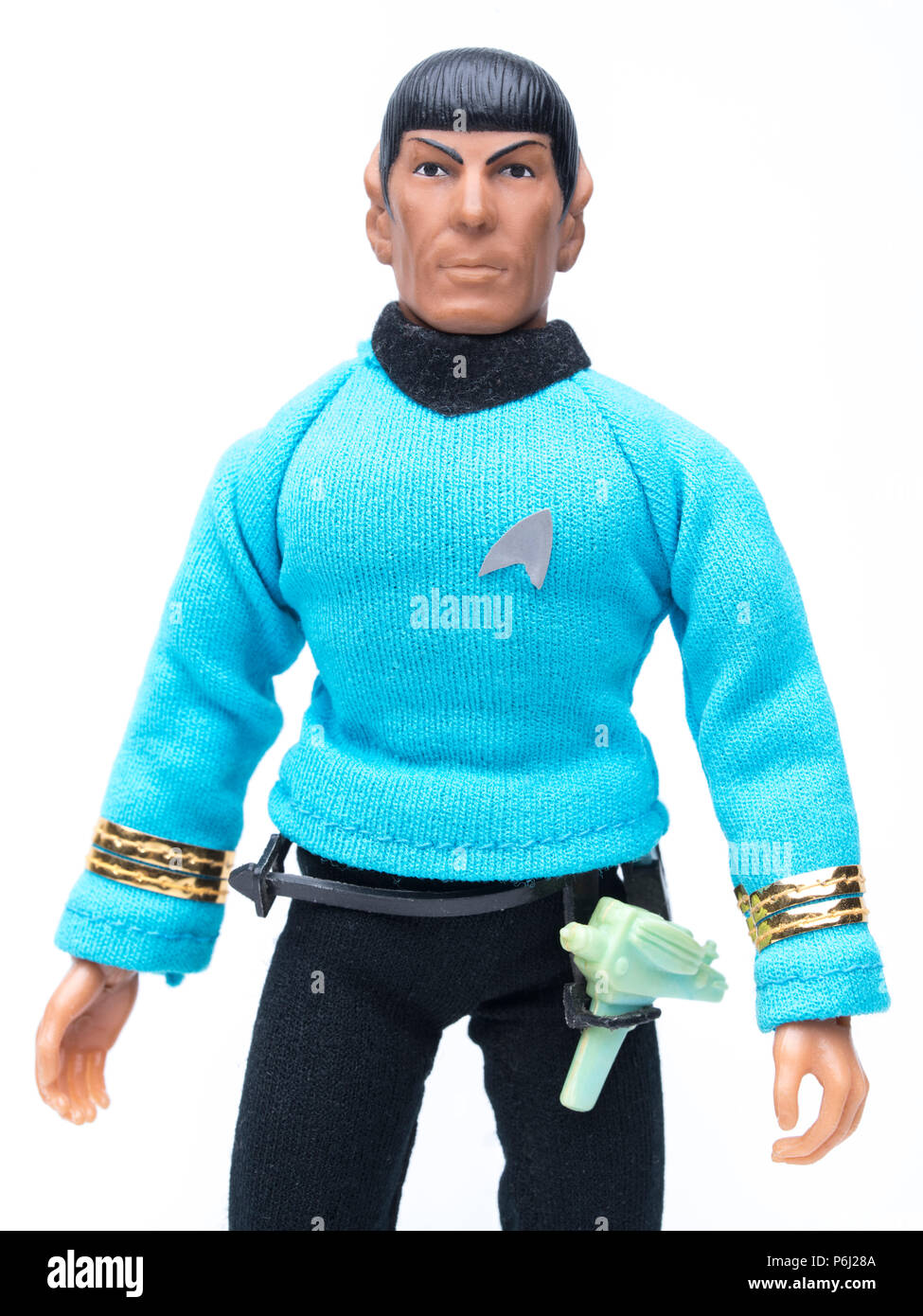 1974 MEGO Star Trek Mr. Spock Action Figur mit Phaser und Communicator. Stockfoto