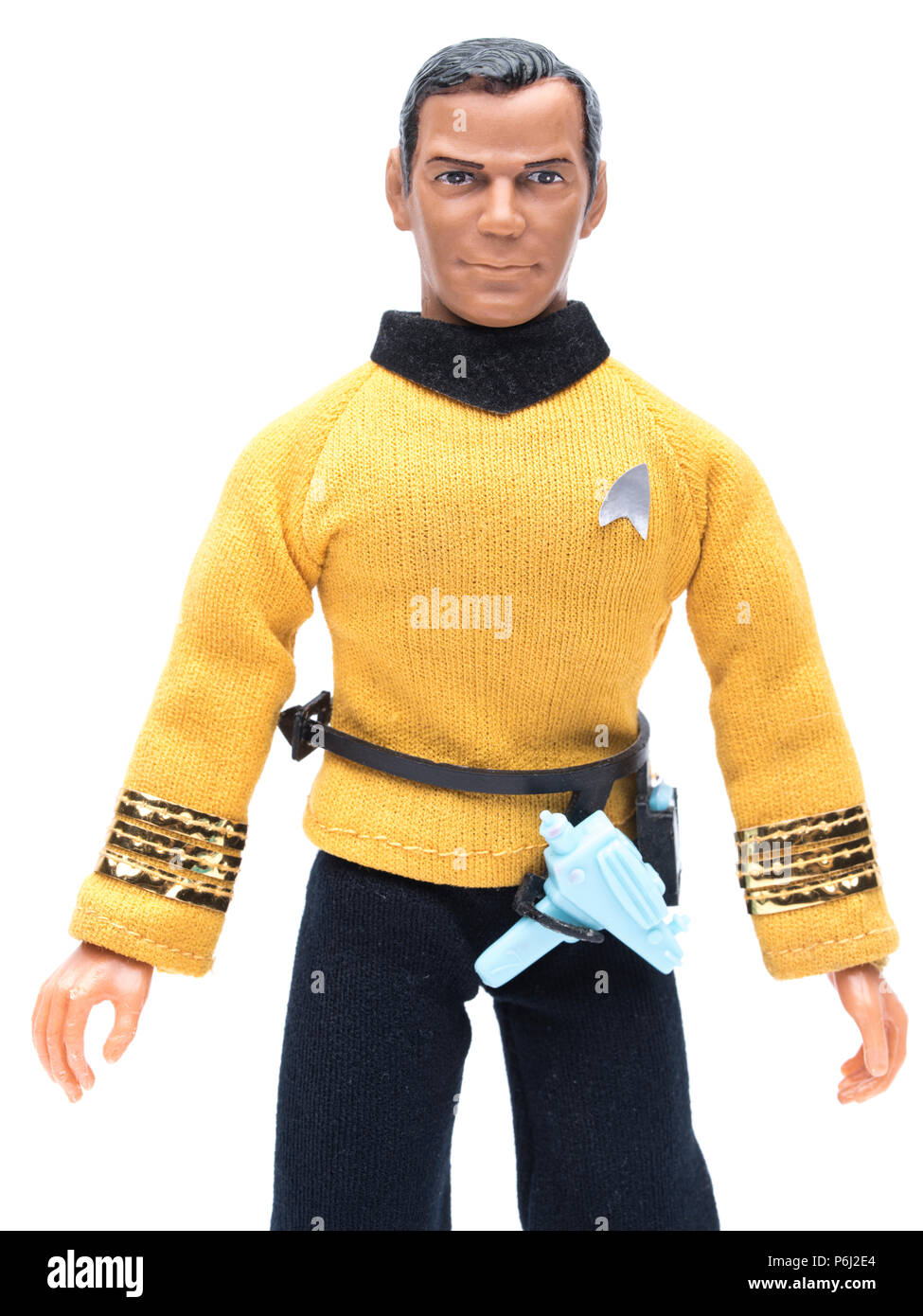 1974 MEGO Star Trek Captain Kirk mit Phaser und Communicator. Stockfoto