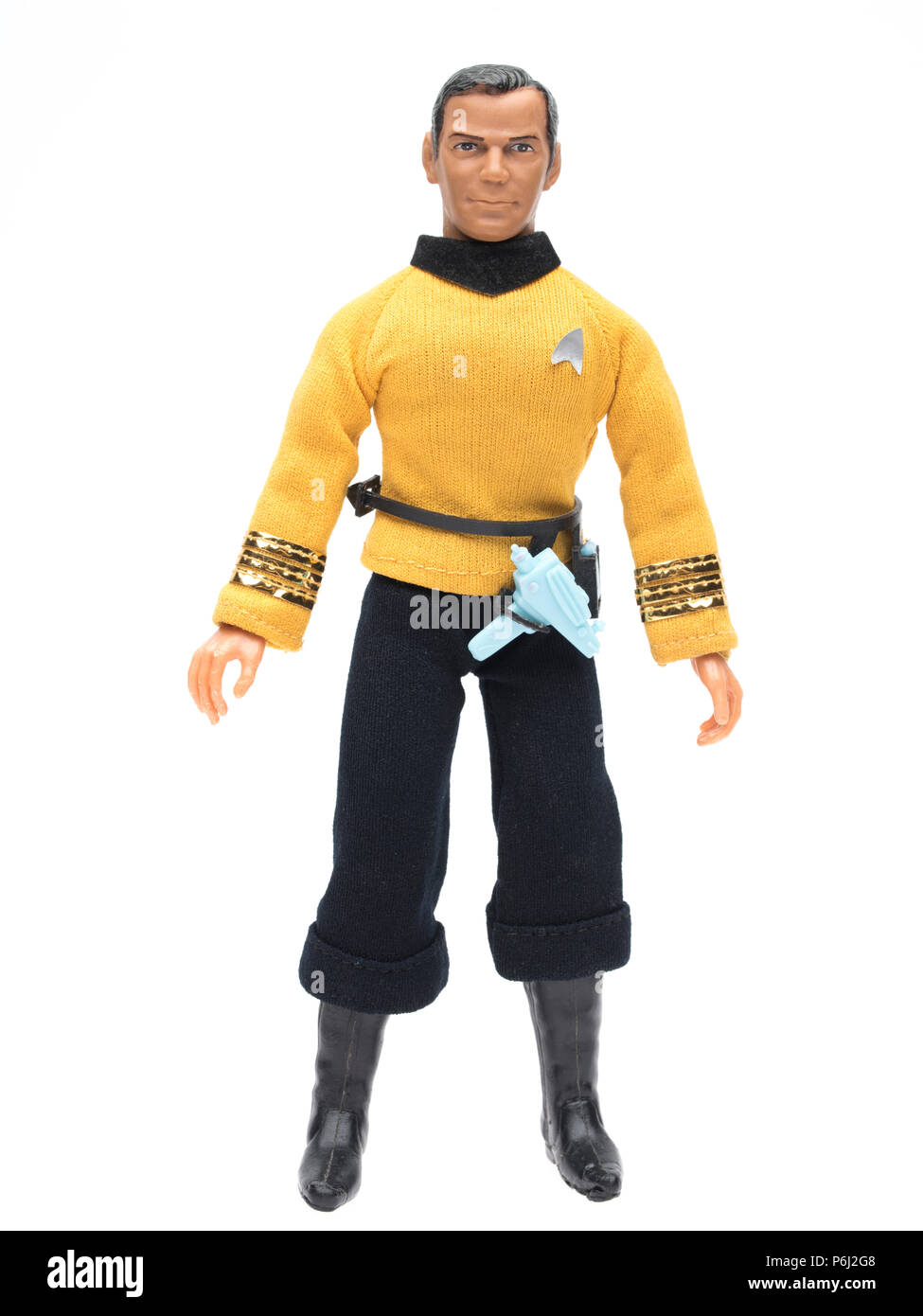 1974 MEGO Star Trek Captain Kirk mit Phaser und Communicator. Stockfoto