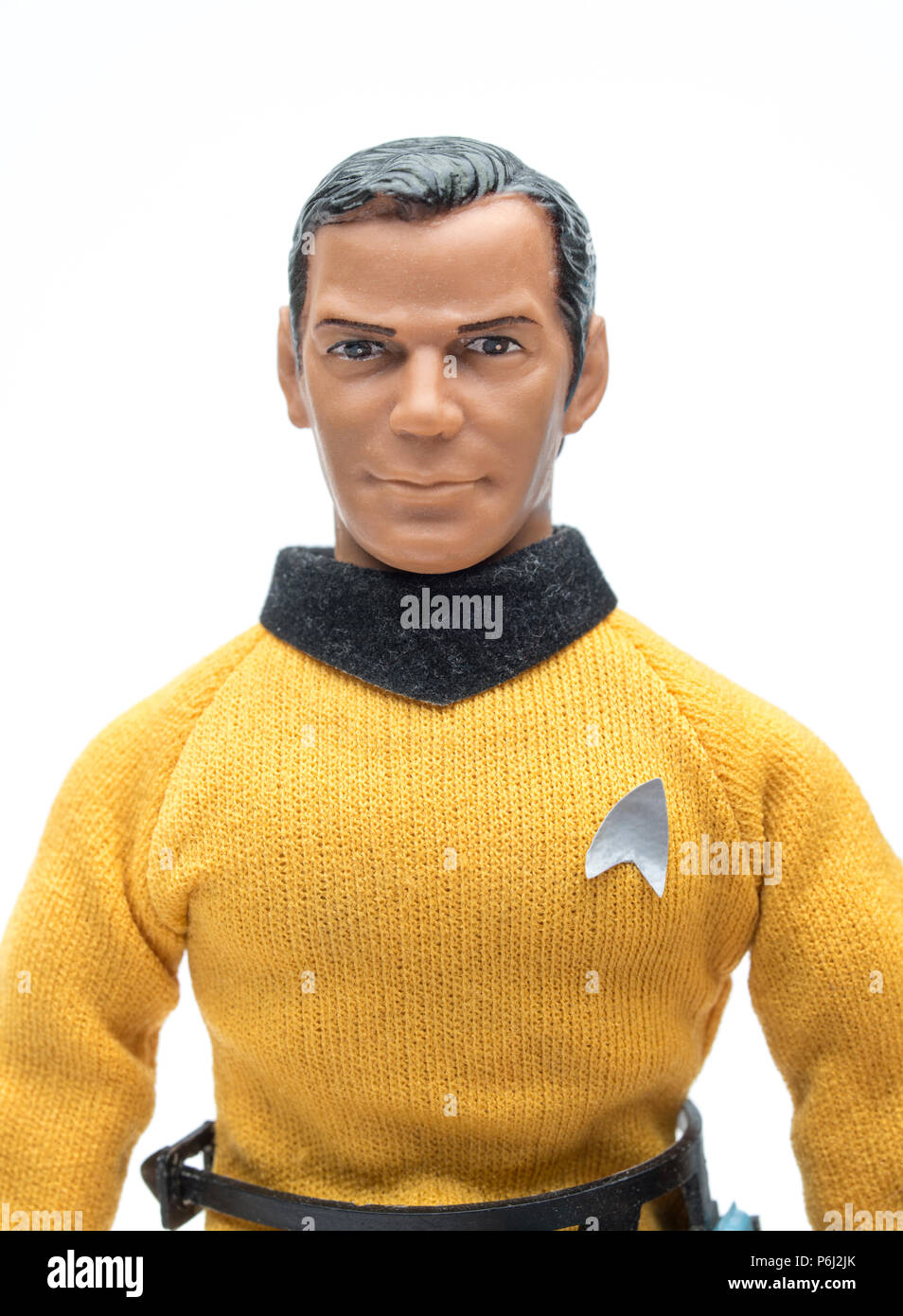 1974 MEGO Star Trek Captain Kirk mit Phaser und Communicator. Stockfoto