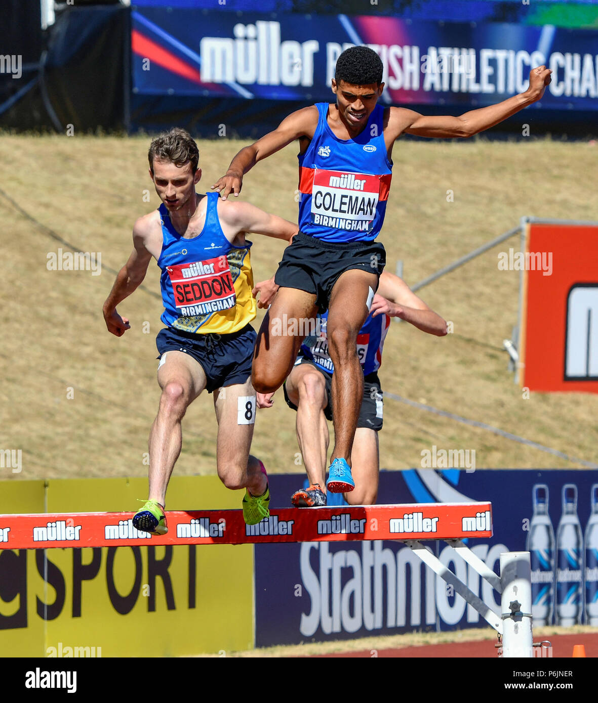 Alexander Stadium, Birmingham, Großbritannien. 30 Jun, 2018. Die britische Leichtathletik WM 2018. Zak Seddon gewinnt die Mens 3000 m Hindernis mit einer Zeit von 8:33.12 vor ieuan Thomas (2.) und Jamaine Coleman (3.) Quelle: Andy Gutteridge/Alamy leben Nachrichten Stockfoto