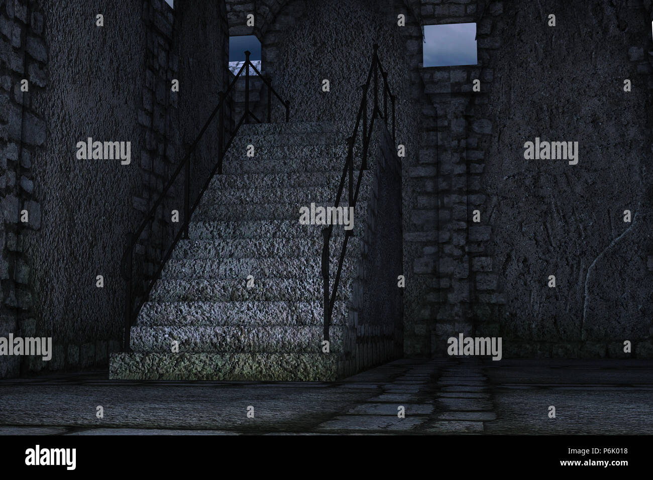 Dunkle verlassene Gebäude mit einer Treppe aus Stein, 3D-Rendering. Stockfoto
