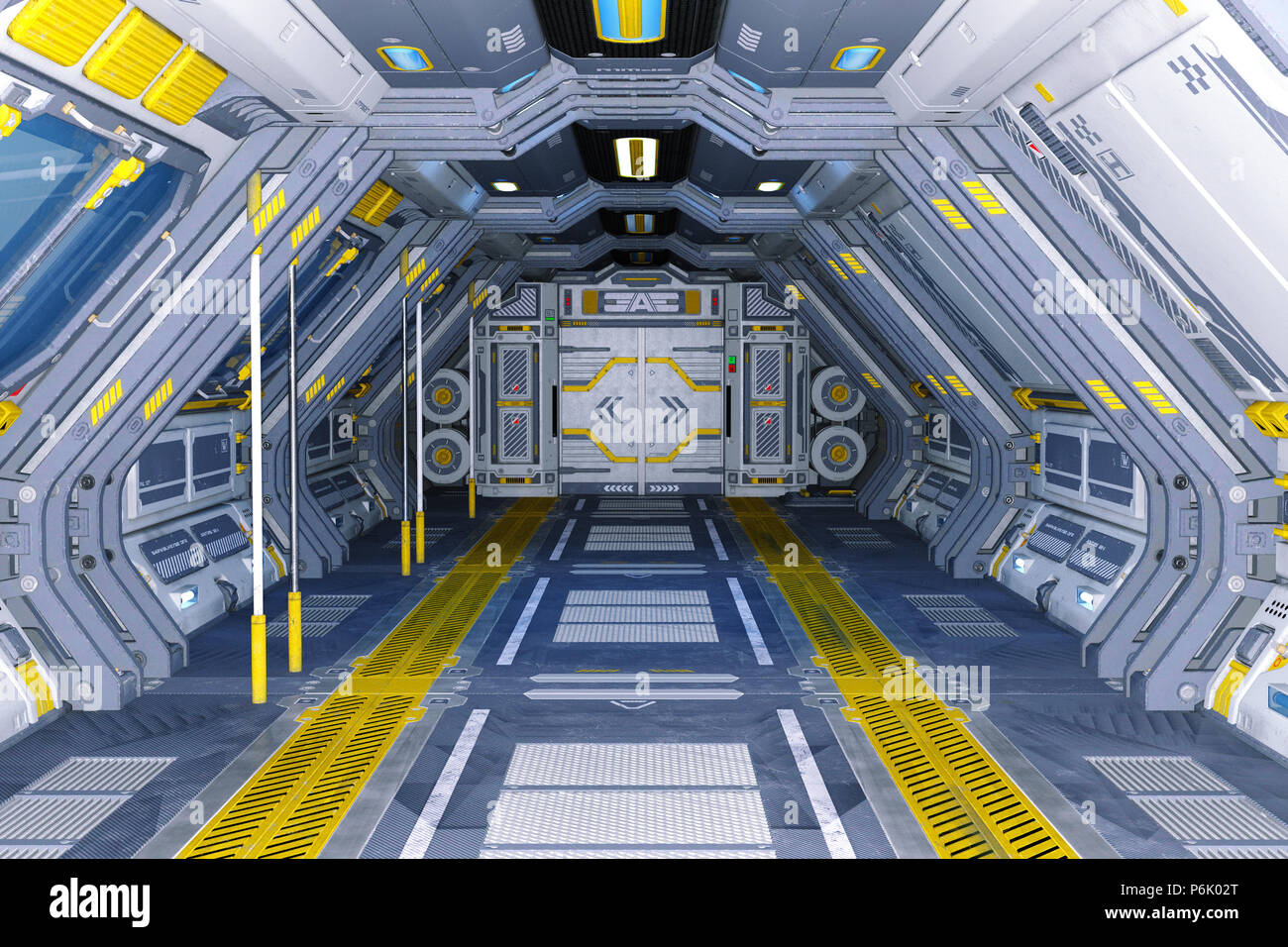 Sci-Fi Raumschiff Korridor Hintergrundbild, 3D-Rendering. Stockfoto