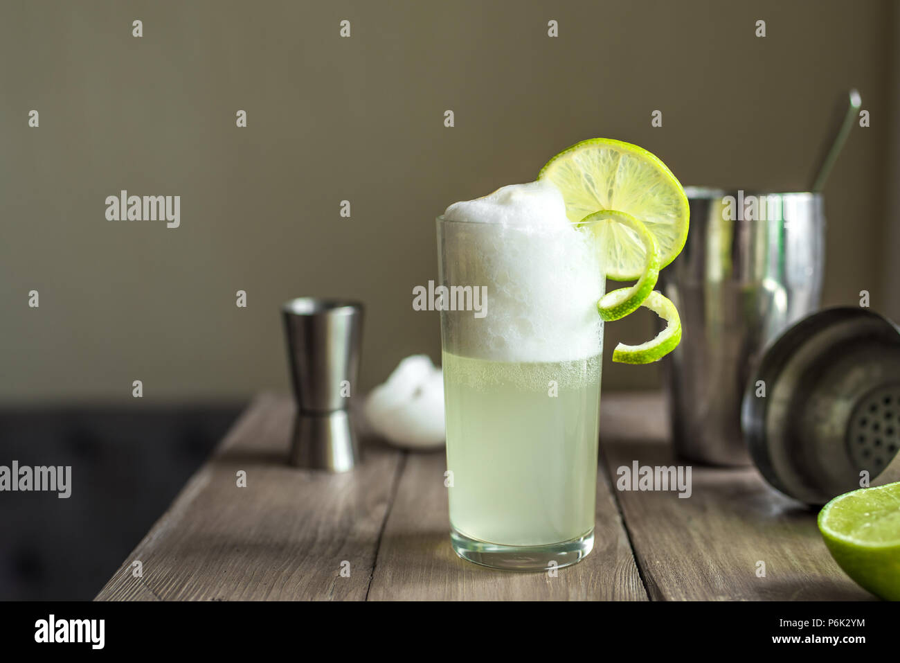 Ei Gin Fizz Cocktail mit Limetten garnieren. Die Gin Fizz Drink mit Zutaten, kopieren. Stockfoto