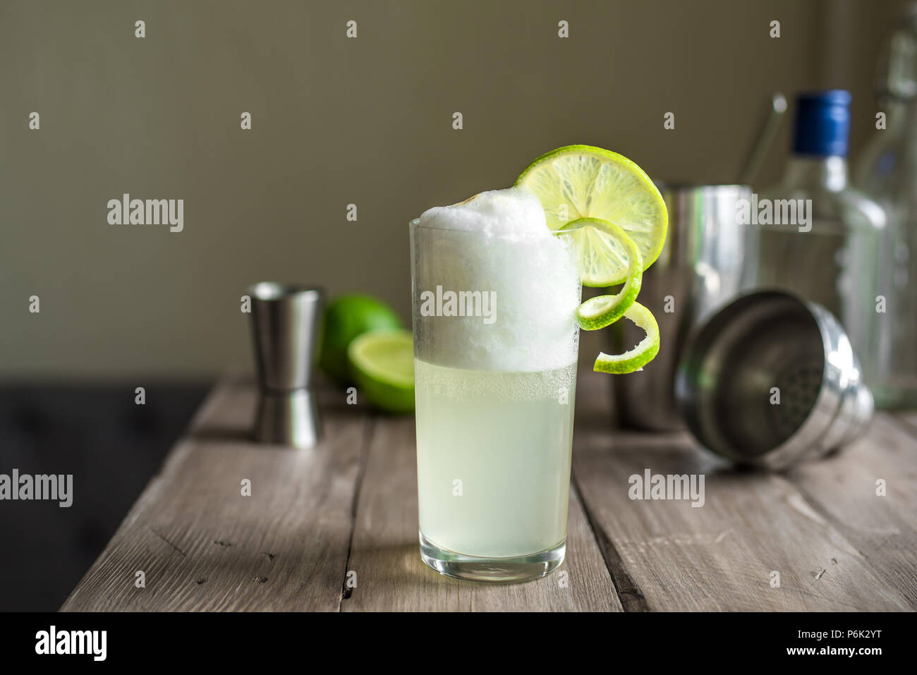 Ei Gin Fizz Cocktail mit Limetten garnieren. Die Gin Fizz Drink mit Zutaten, kopieren. Stockfoto
