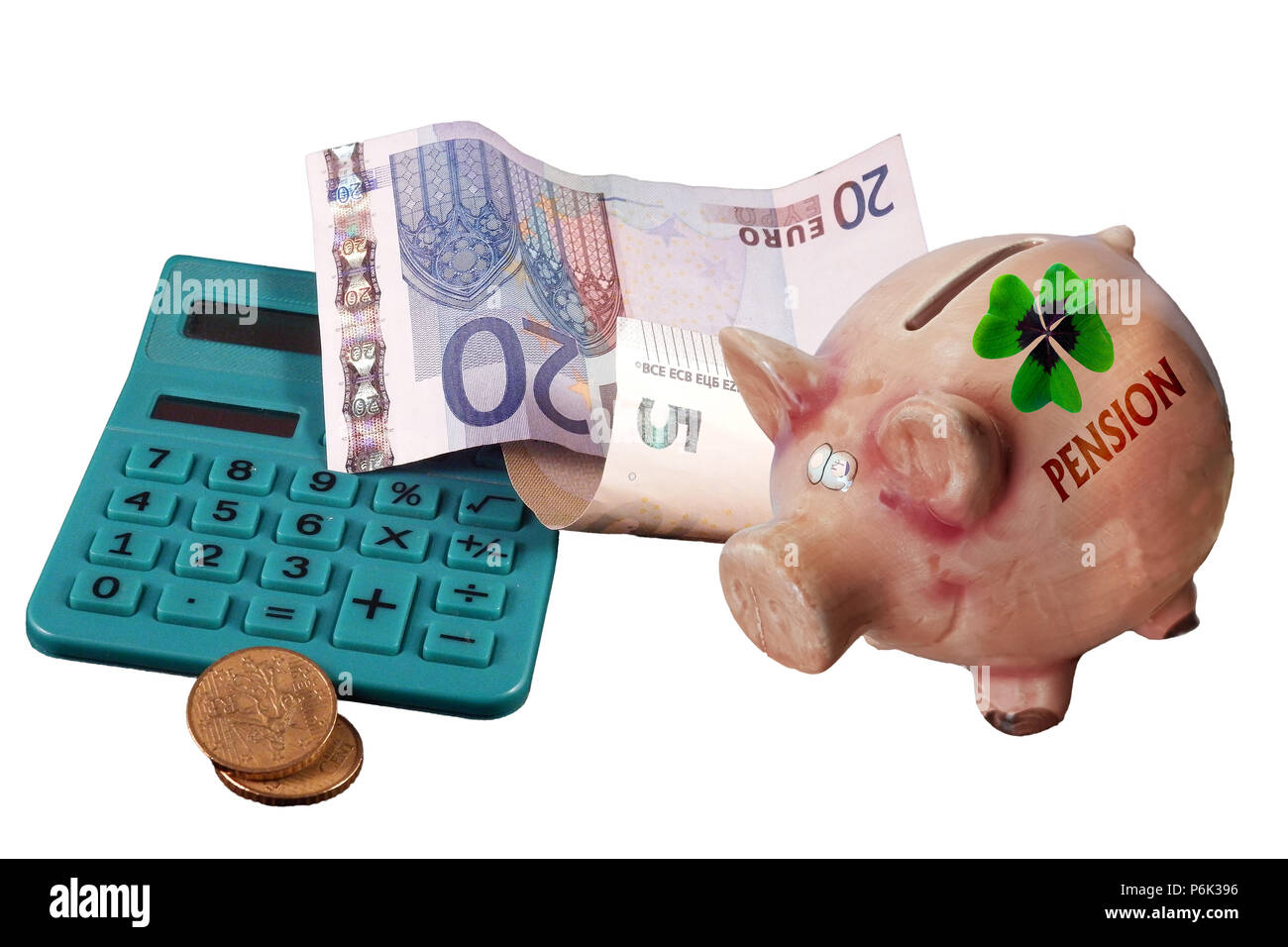 Euro bündeln und einen Taschenrechner und Sparschwein. Cconcept Pension oder Rente. Sparen Sie Geld für den Ruhestand. Stockfoto