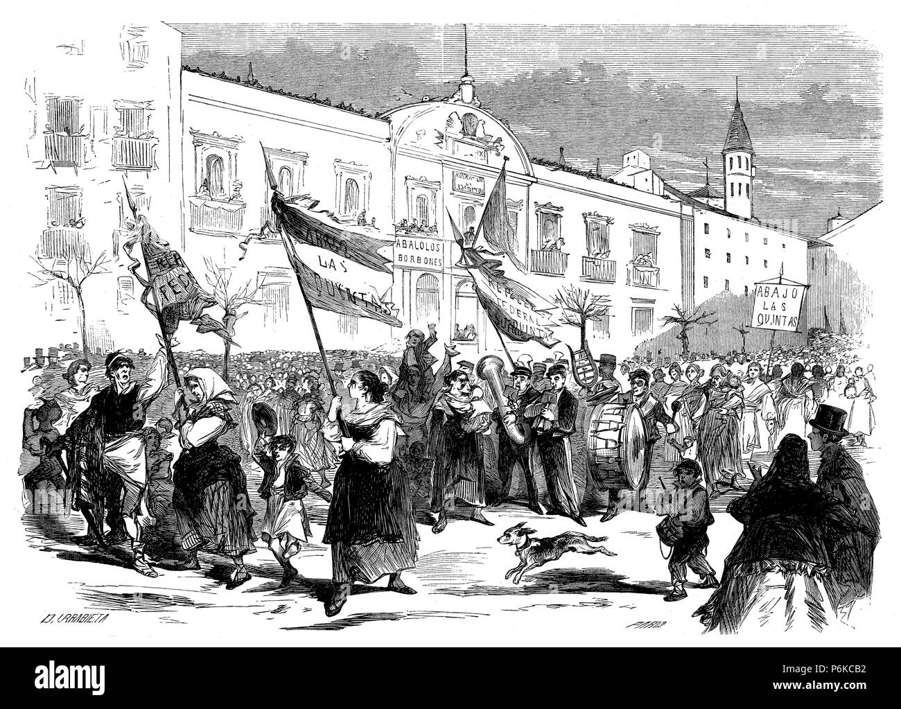 Zaragoza. Manifestación de las zaragozanas Contra el reclutamiento de Las Quintas con destino ein áfrica. Grabado de 1868. Stockfoto