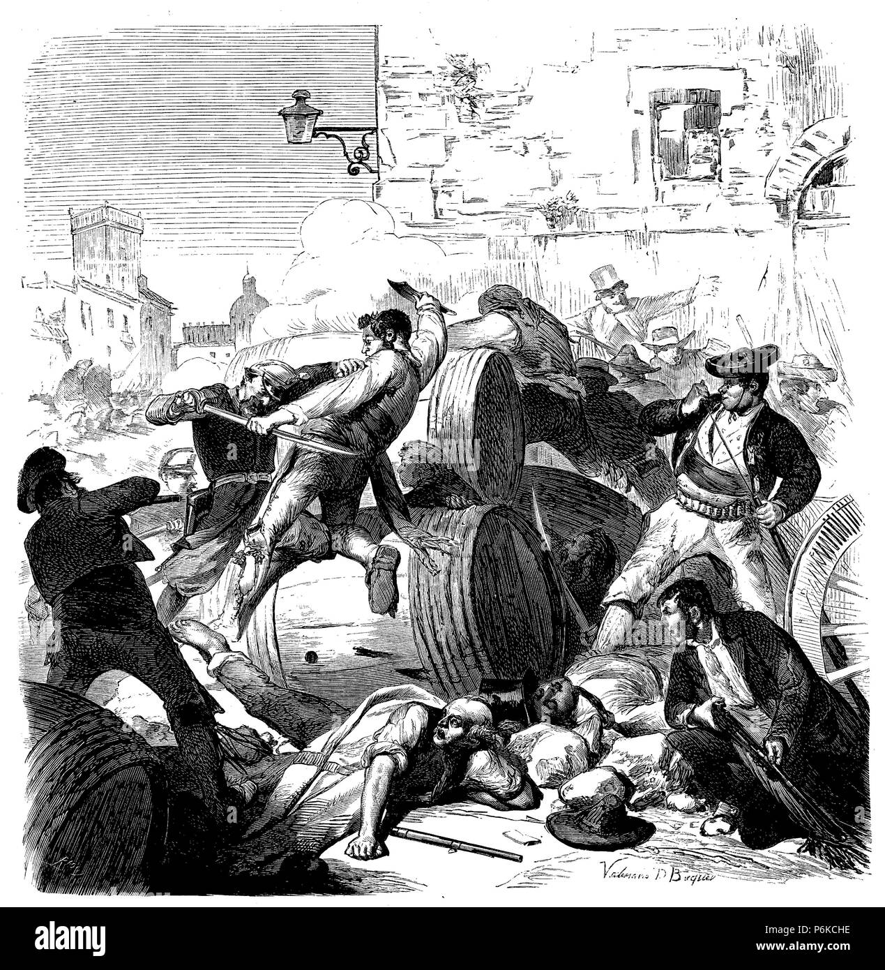 Jerez de la Frontera. Escena de La Lucha en las barricadas con Motivo del reclutamiento de Quintas con destino ein áfrica. Stockfoto