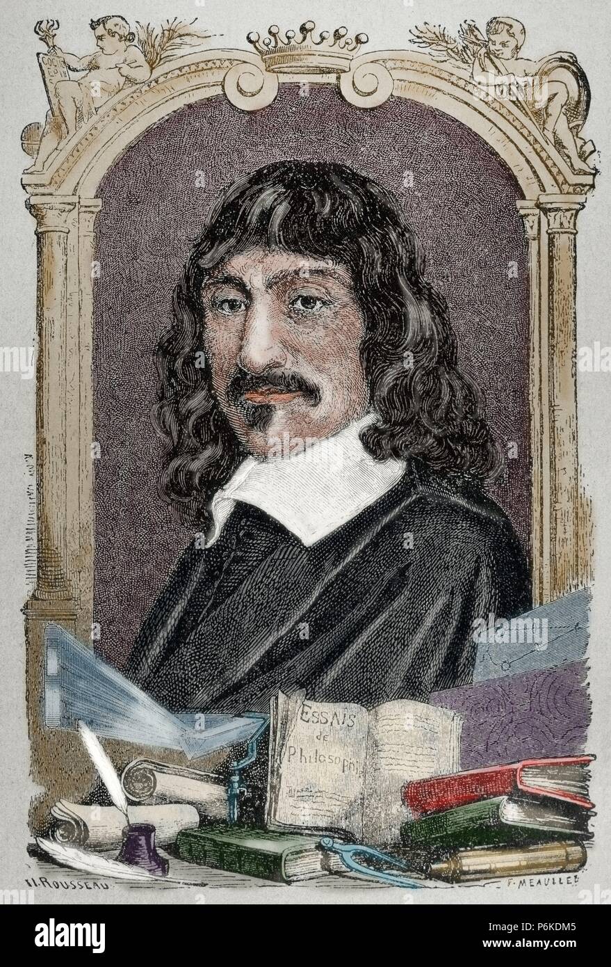 René Descartes (1596-1650). Französischer Philosoph. Kupferstich von Rousseau. Farbige. Stockfoto