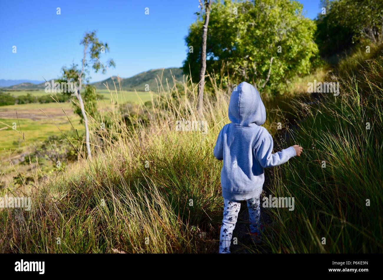 Kleines Kind zu Fuß durch langes Gras mit Grauer Hoodie, von hinten, viele Gipfel wanderung Berg Marlow, Townsville Stadt gemeinsame Queensland, 4810, Australien Stockfoto