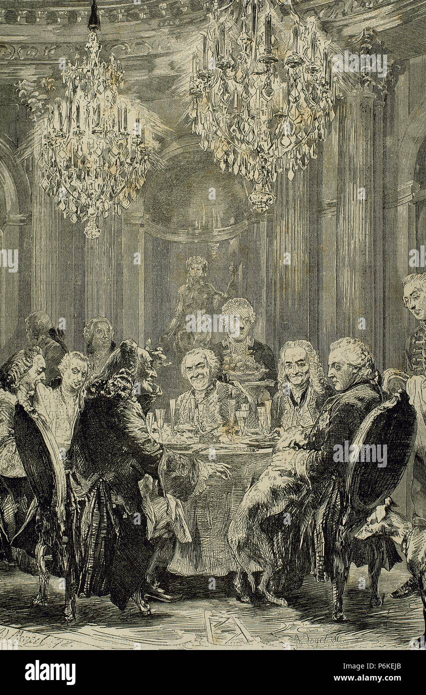 Friedrich II. der große (1712-1786). König der Prusian. Treffen in Sans-Souci. Kupferstich von A. Vogel. Stockfoto