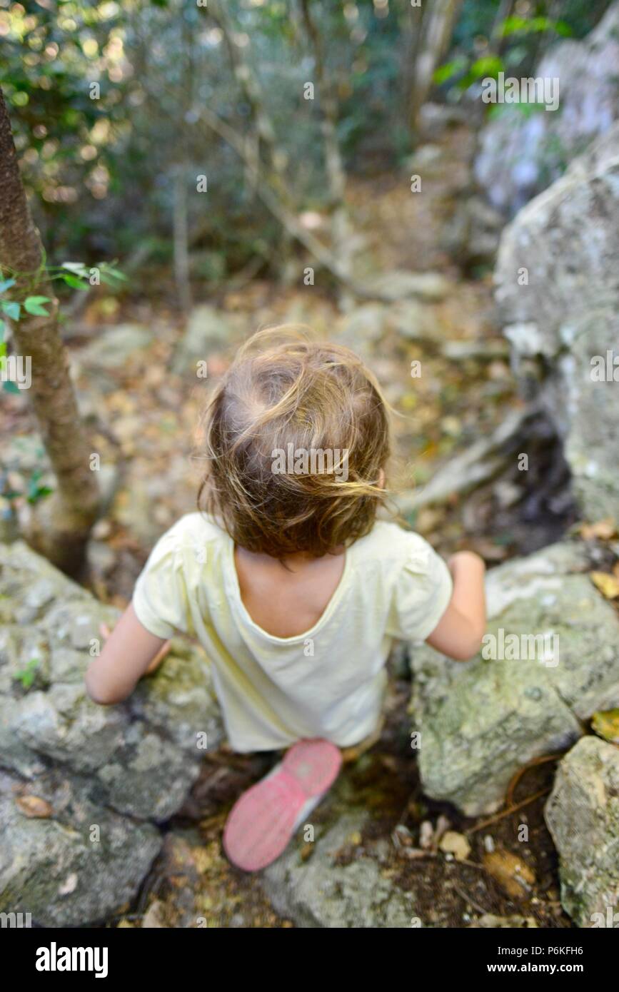 Kleines Kind gehen durch einen Wald, von hinten, viele Gipfel wanderung Berg Marlow, Townsville Stadt gemeinsame Queensland, 4810, Australien Stockfoto