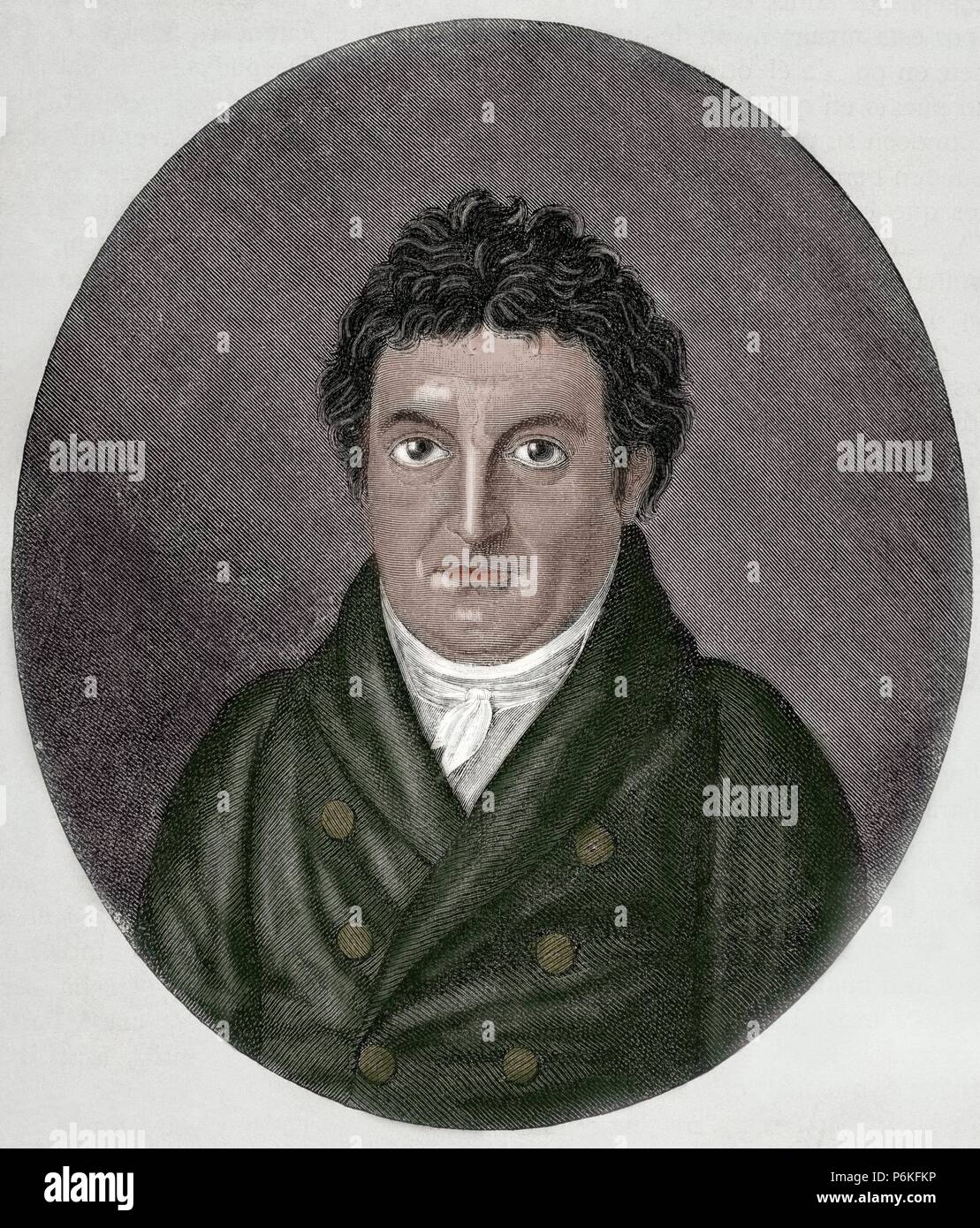 Johann Gottlieb Fichte (1762-1814). Deutscher Philosoph. Bewegung deutschen Idealismus. Kupferstich von J. F. Jugel. Porträt. des 19. Jahrhunderts. Farbige. Stockfoto