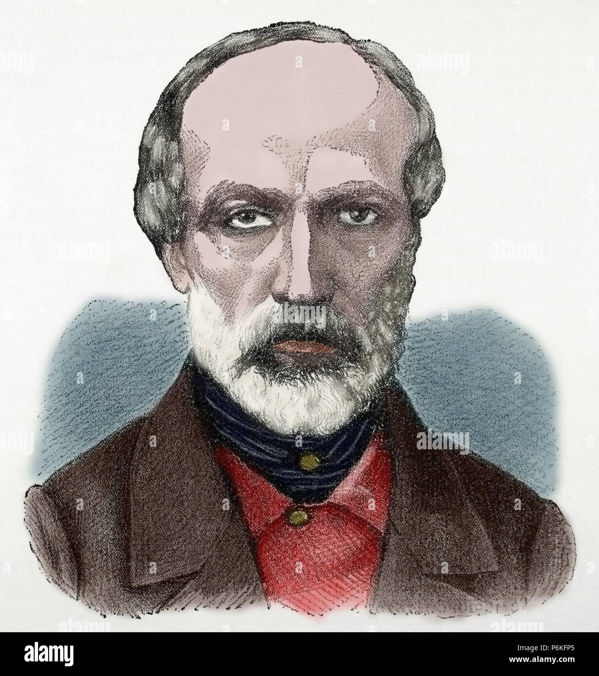 Giuseppe Mazzini (1805-1872). Italienischer Politiker, Aktivist für die Einigung Italiens. Kupferstich von Klose. Nuestro Siglo, 1883. Farbige. Stockfoto