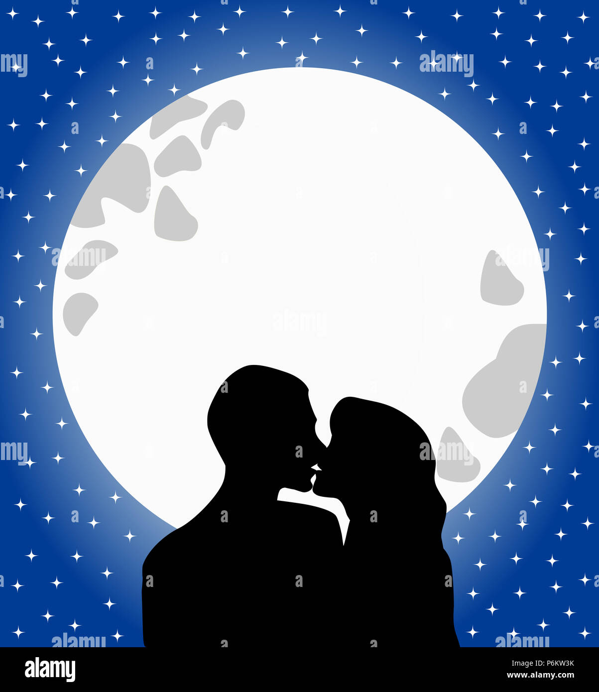 Silhouette der beiden Liebenden vor Vollmond Küssen in einer sternenklaren romantische Himmel Stockfoto